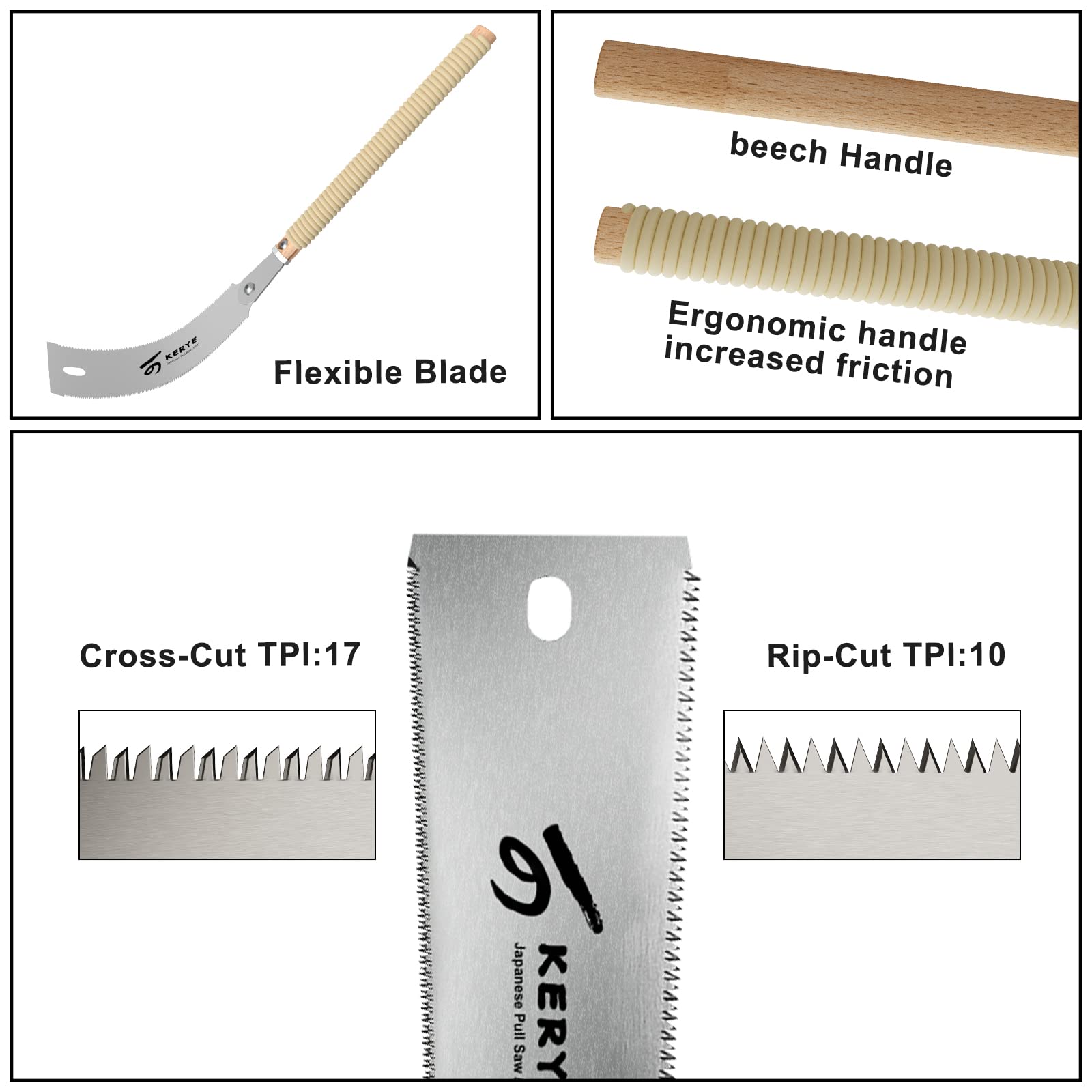 KERYE Japanese Pull Saw 9.5 Inch, Hand Saw with Double Edges of 10/17 TPI and Replaceable Blade, Ryoba Wood Cuttter, Sharp and Light Woodworking Tools Gifts for Men and Women-KY01