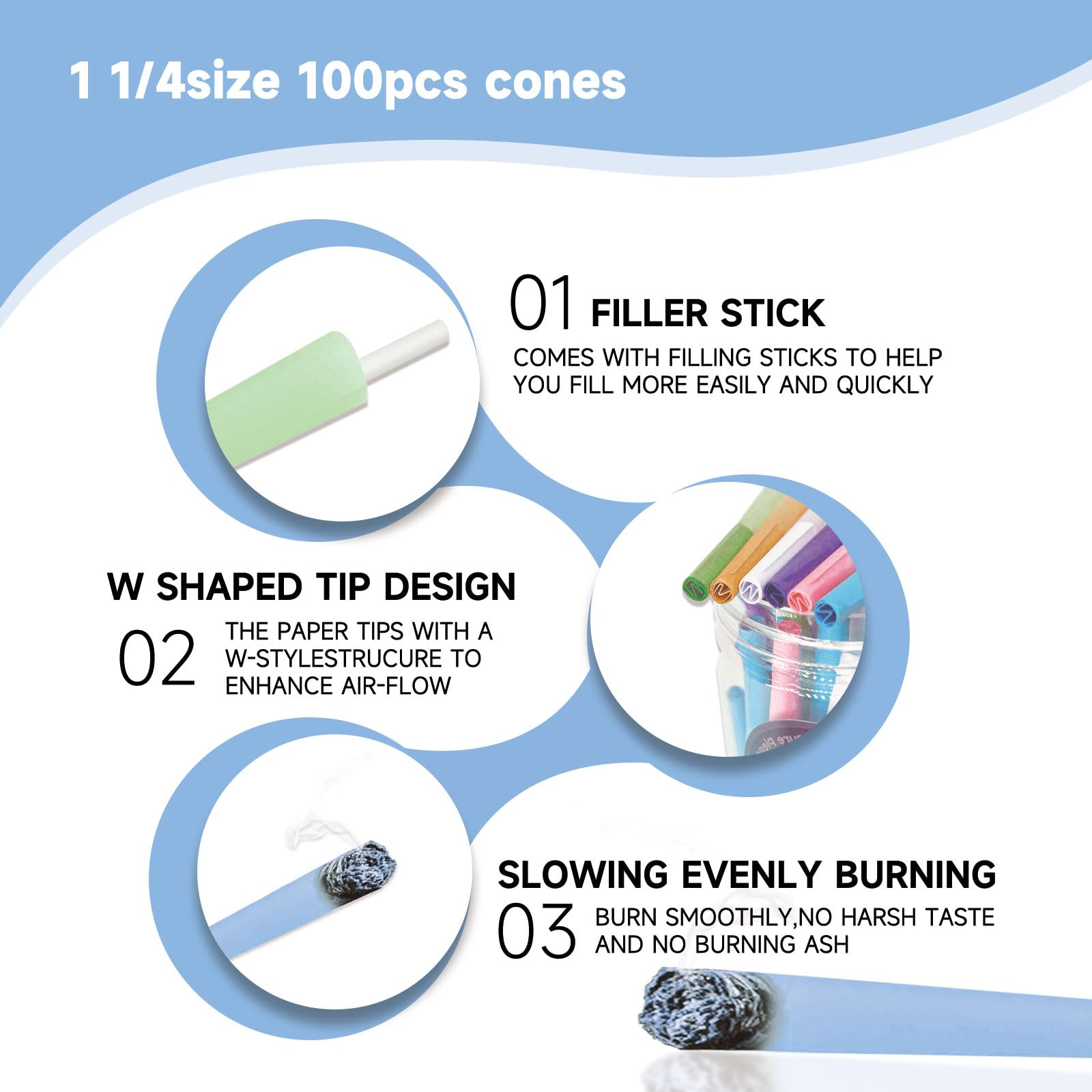 100 PACK Colorful Pre Rolled Cones| King Size Rolling Paper Cone with Loader and Packing Sticks