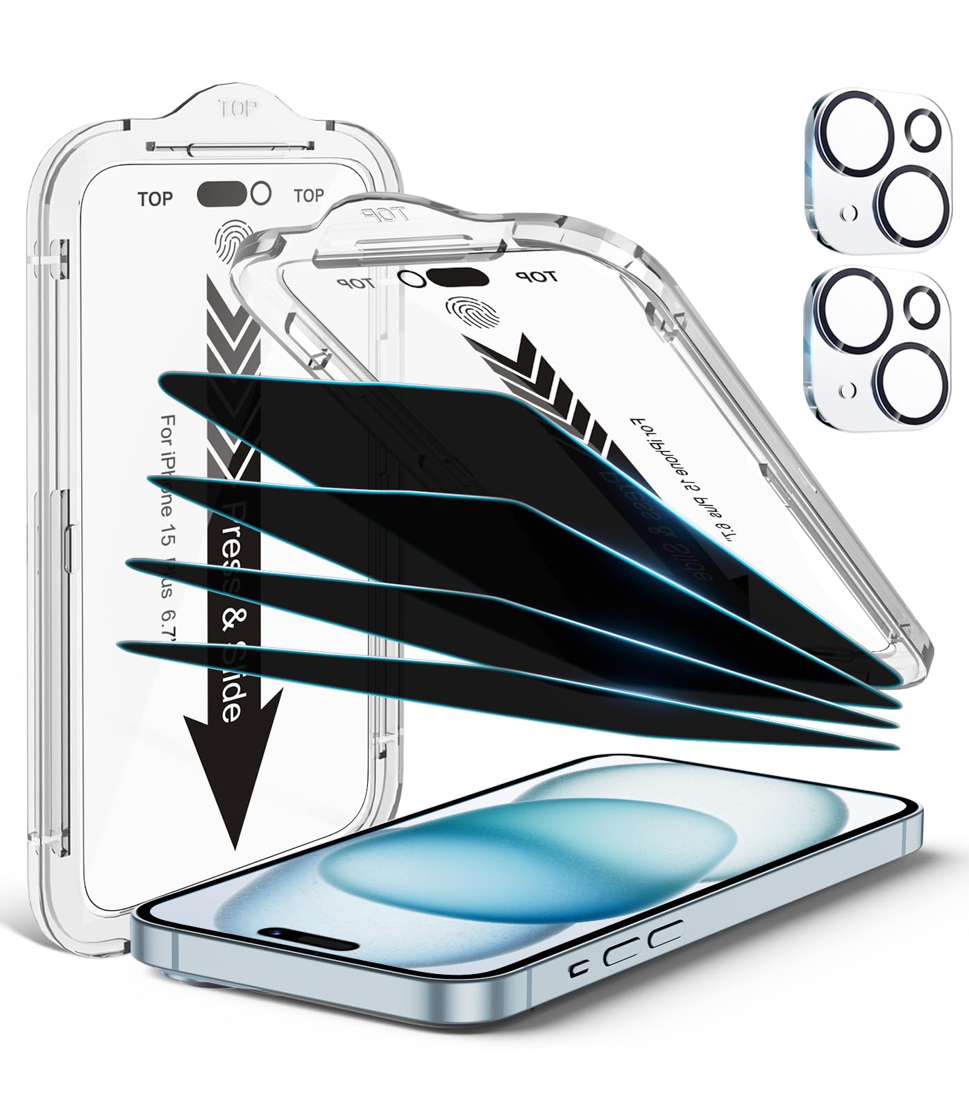 EZ-GLAZ-4 Pack Privacy Screen Protector for iPhone 14 Pro[6.1 inches] With 2 Pack Camera Lens Protector, [Drop Protection] 9H Hardness Scratch Resistant Tempered Glass Film, Easy to install