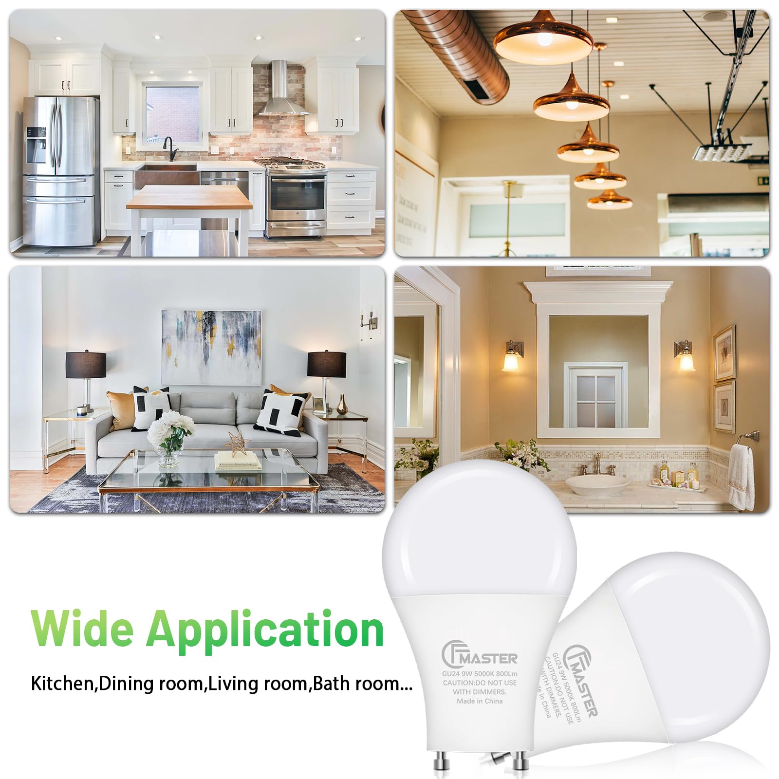 CFMASTER GU24 LED Light Bulb, 5000K Daylight, 9W(100W Equivalent), 800 Lumens, A19 Shape GU 24 LED Bulbs, Twist and Lock GU24 Pin Base with Two Prongs, Non-Dimmable, UL ETL Certificated(4-Pack)