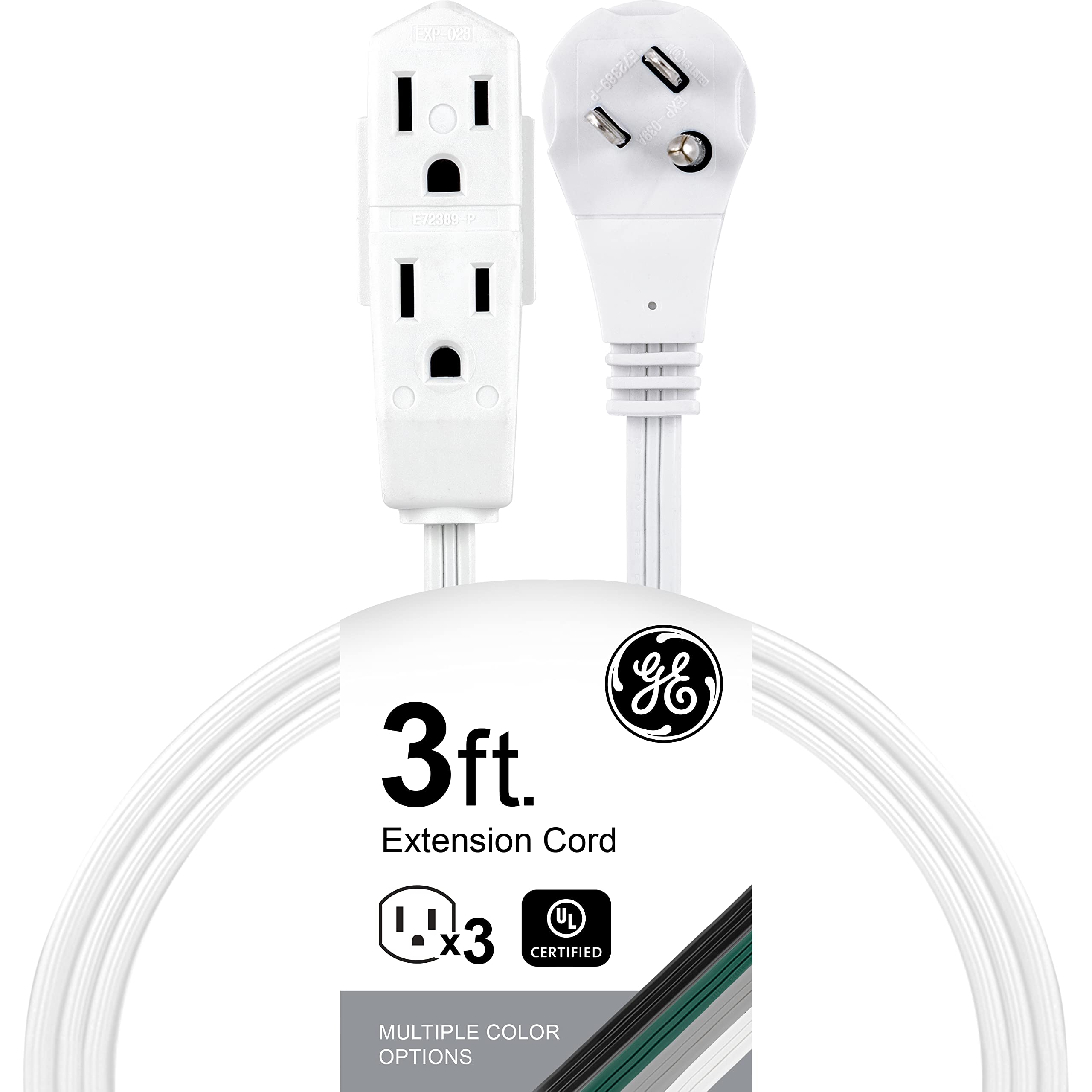 GE 3-Outlet Flat Extension Cord 15 Ft Grounded Extension Cord with Multiple Outlets 3 Prong Outlet Extender Flat Plug Power Strip Indoor Extension Cord 16 Gauge UL Listed White 56986