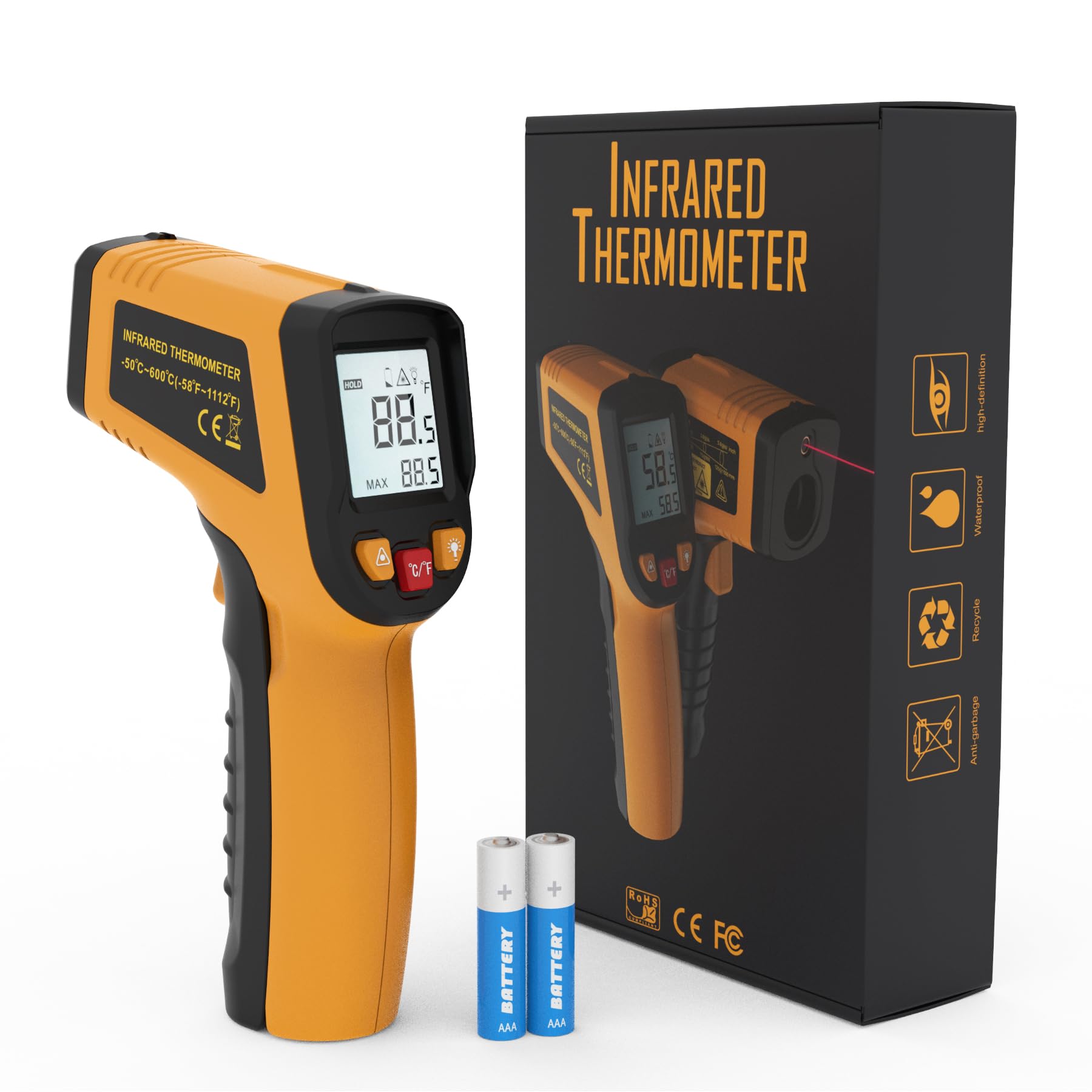 KNINE OUTDOORS Infrarot-Thermometer Laser-Temperaturpistole, -50 bis 600 ℃, Einzel-Laser-Zielfunktion, Entfernungsverhältnis 12:1, für Kochen, Backofen und Fleisch (Orange)