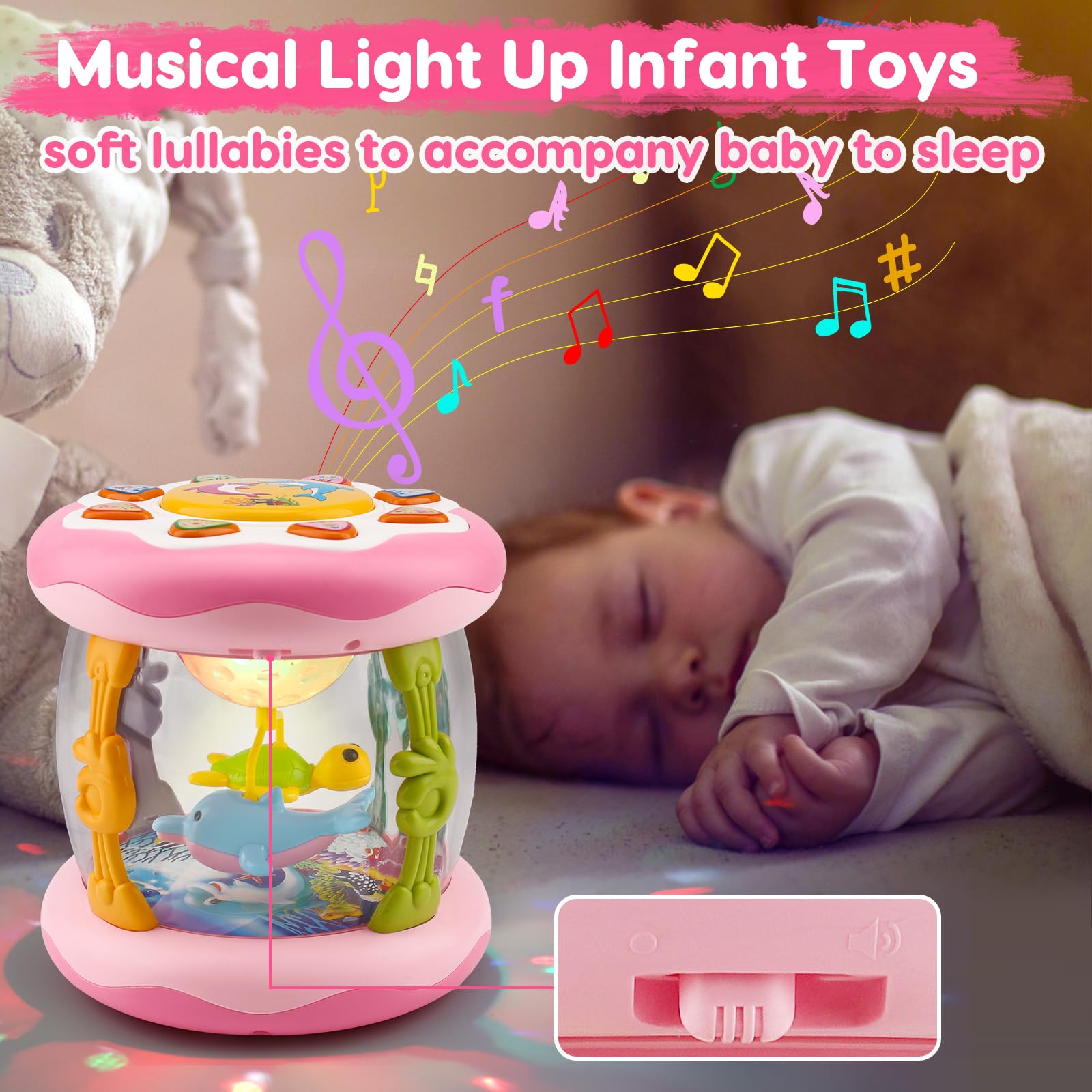 Baby Musical Light Up Toys 0-6 Months Tummy Time Ocean Projector Rotating Infant 0-3 4 5 6 7 8 9 Months Baby Aquarium Crawling Pink Toys Babies 6-12 Month Girls 1 2 Year Old Birthday Newborn Gifts