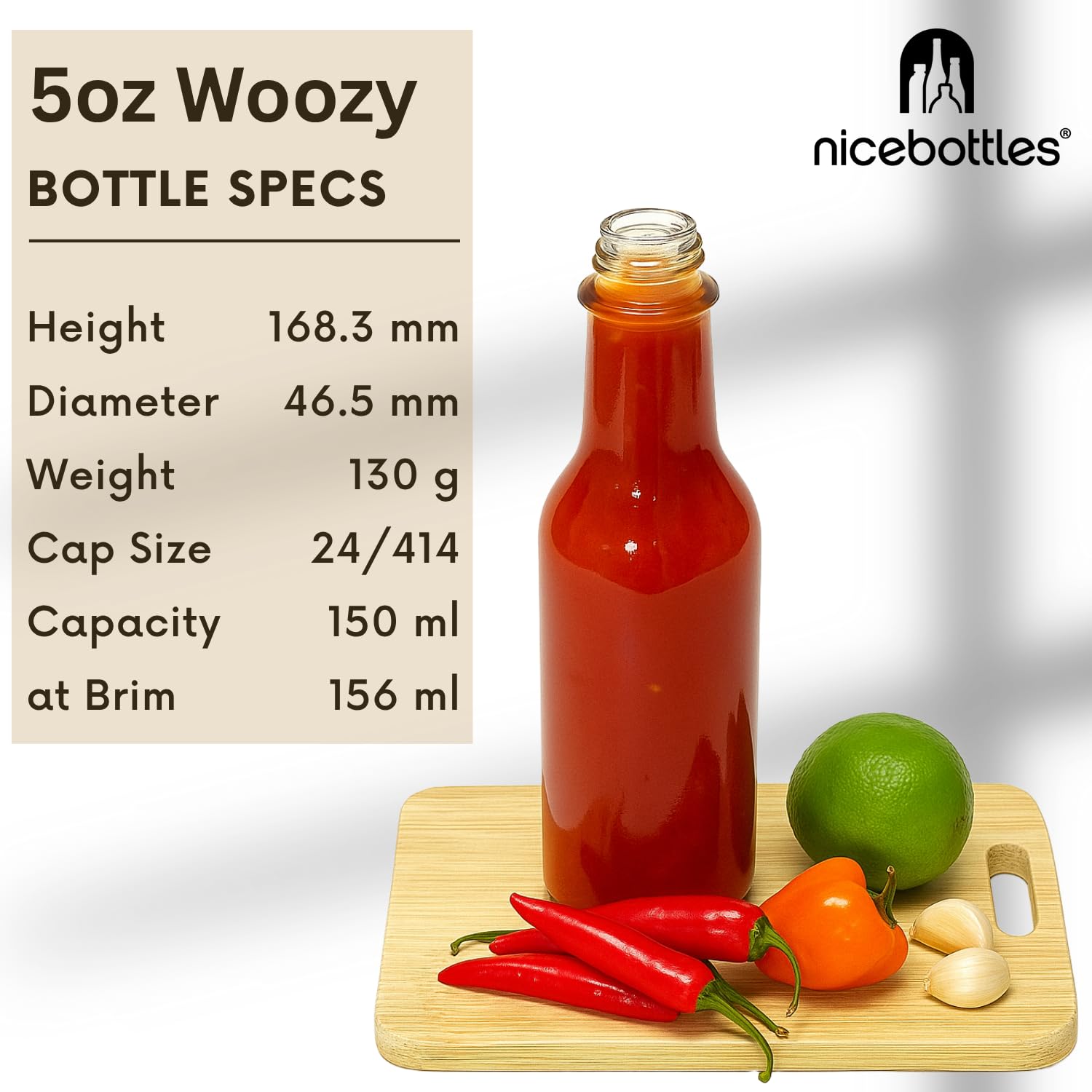 nicebottles Clear Glass Woozy Bottles with Shrink Capsules, 5 Oz, Case of 12