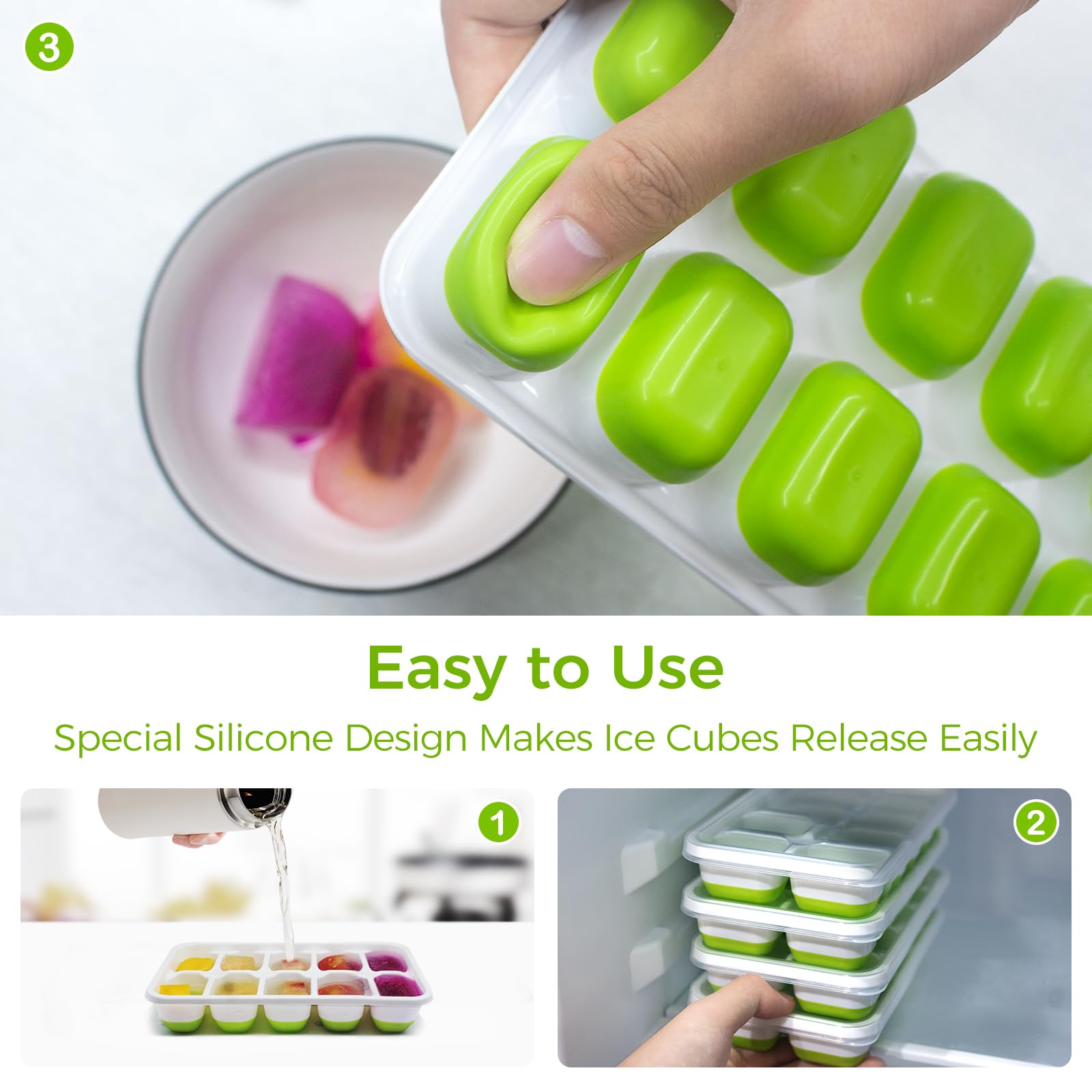 DOQAUS Ice Cube Trays 4 Pack, 40 pcs Silicone Ice Cubes Tray Maker with Spill-Resistant Removable Lid, Easy Release & Pop out, LFGB and BPA Free, Stackable Flexible, for Soup, Food, Cocktail, Coffee