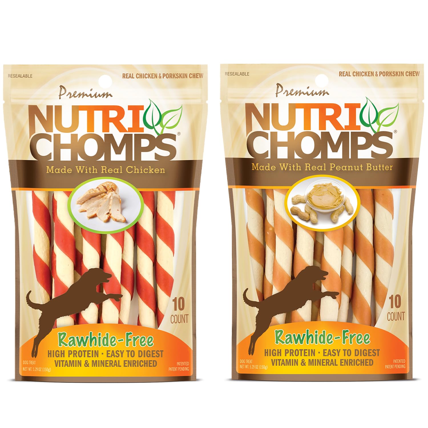 NutriChomps Dog Chews, 5-inch Twists, Easy to Digest, Rawhide-Free Dog Treats, 15 Count, Real Chicken, Peanut Butter and Milk Flavors, Bundle of 2, Brown, red, Cream (NT051V-2)