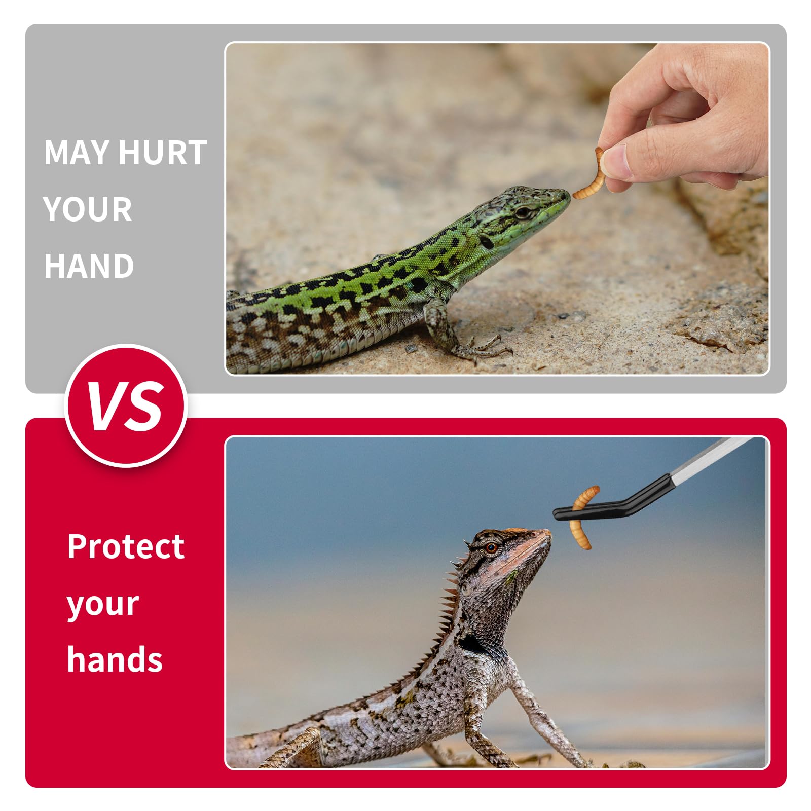 Novery 2PCS Stainless Steel Reptile Feeding Tongs with Rubber Tip, 10.6” Straight & Curved Long Tweezers for Aquarium or Craft, Bearded Dragon Tank Snakes Enclosure Accessories, Terrarium Supplies