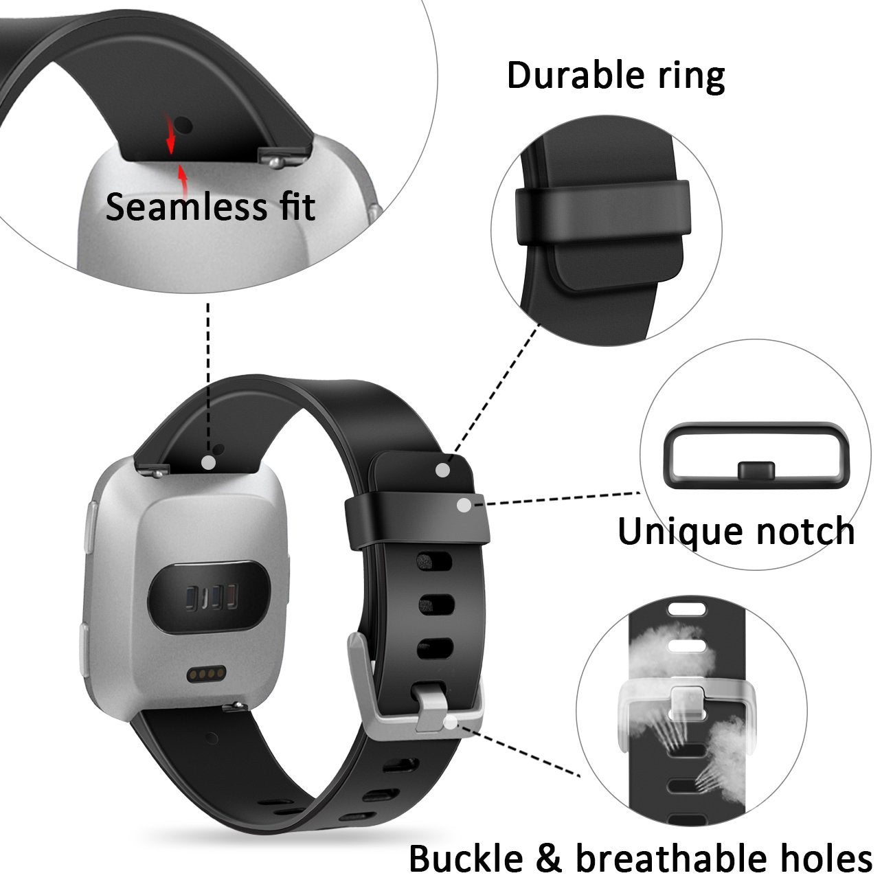 Wepro Band Compatible with Fitbit Versa 2 Bands for Women Men, Soft Band Compatible with Fitbit Versa Bands, Sport Waterproof Breathable Replacement Wristband Strap for Versa Lite, Large, Black, 1 Pack