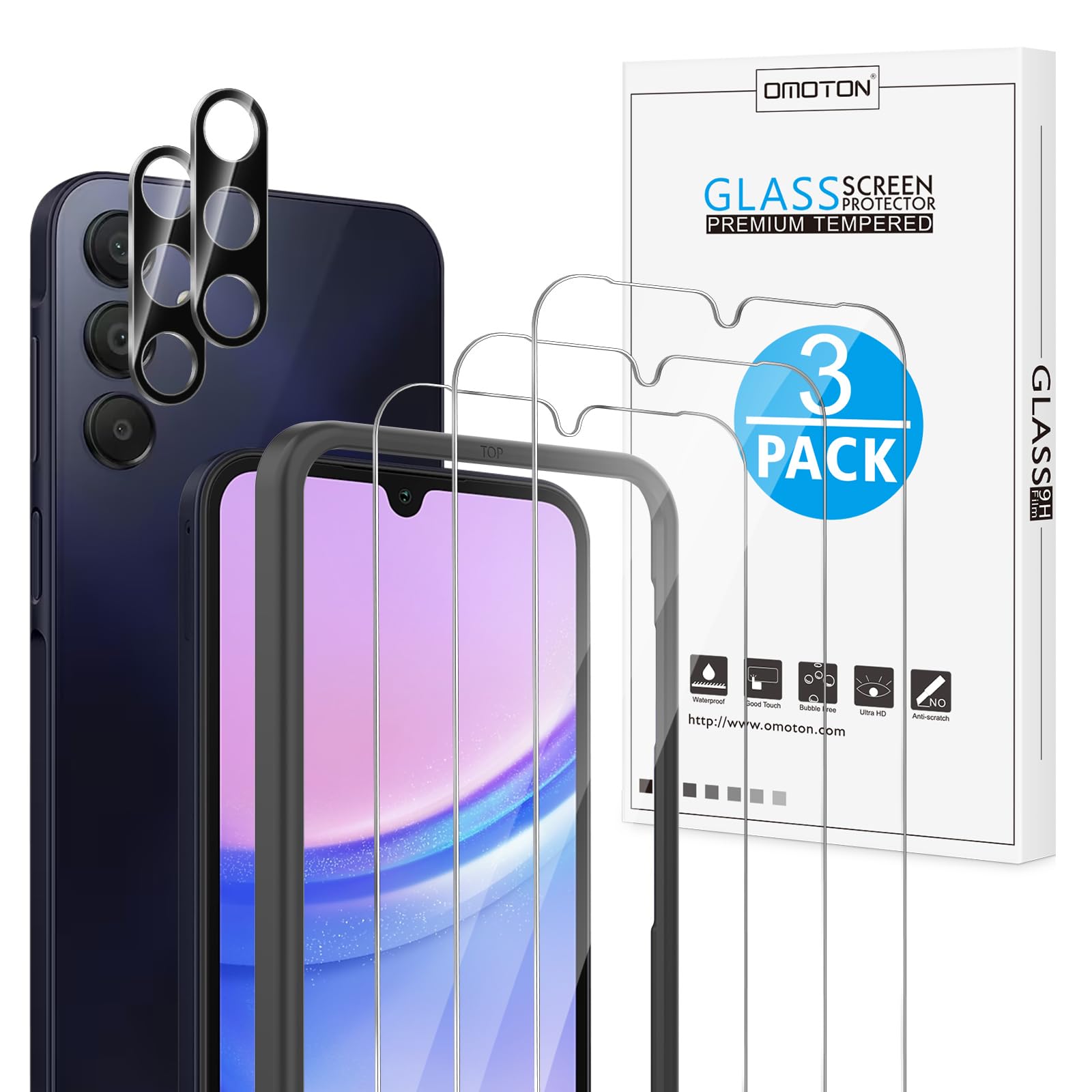 OMOTON Screen Protector for Samsung Galaxy A15 5G/4G, [3+2 Pack] for A15 screen protector & Camera Lens Protector, Case Friendly/Tempered Glass/Alignment Frame(6.5 Inch, 2024 Released)