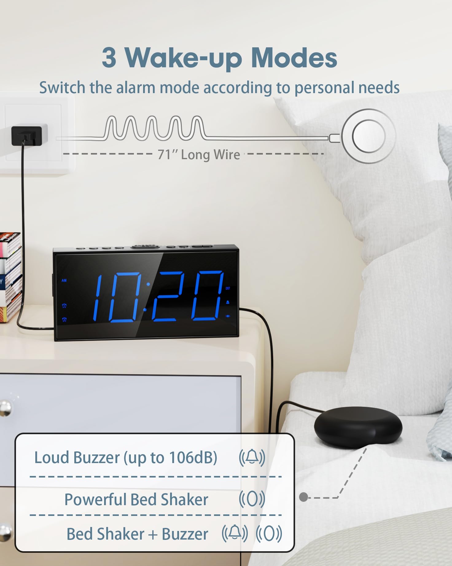Roxicosly Loud Alarm Clock with Bed Shaker, Vibrating Alarm Clock for Heavy Sleepers/Hard of Hearing/Deaf/Teens, Dual Alarms with 7.5’’ Large LED Display, USB Charger, Dimmer, Snooze & Battery Backup