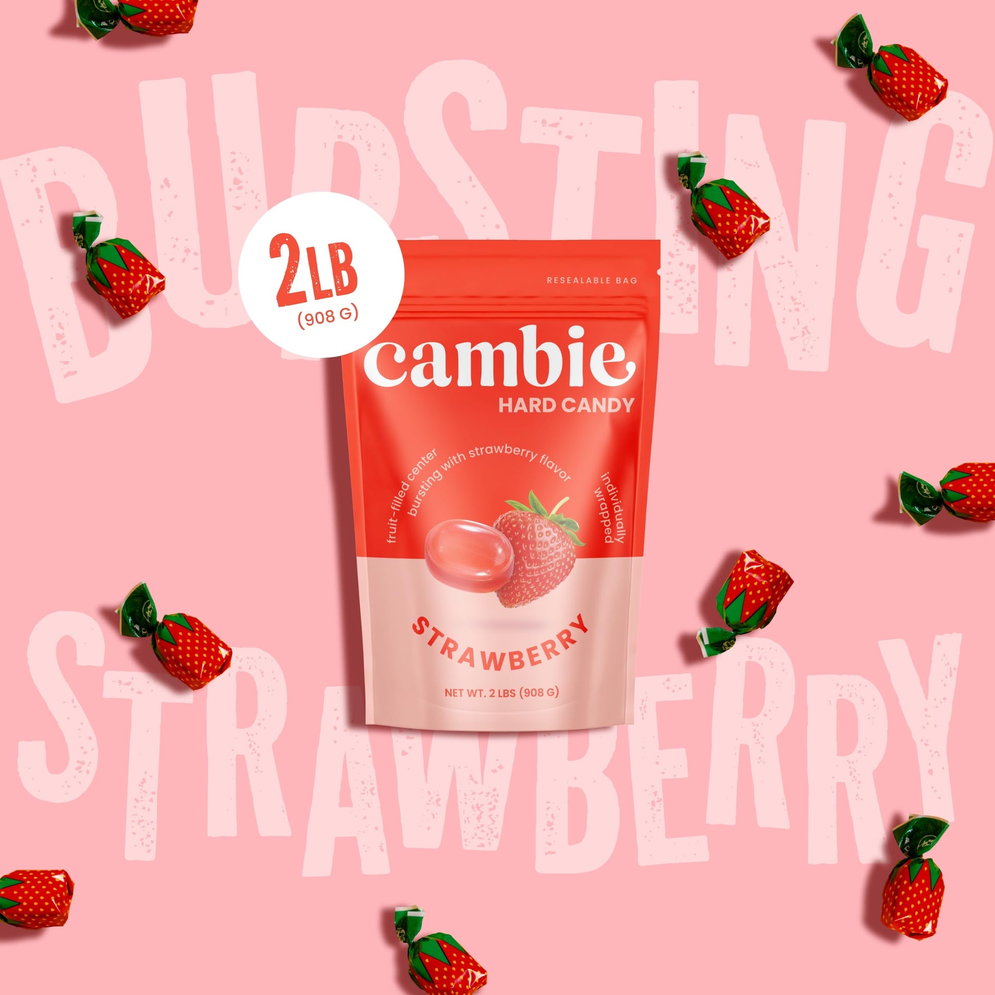 Strawberry Hard Candy Individually Wrapped – Cambie Bulk Candy with Fruit-Filled Center, 2 lbs Bon Bons for Piñata Filler, Candy Bags, Party Favors