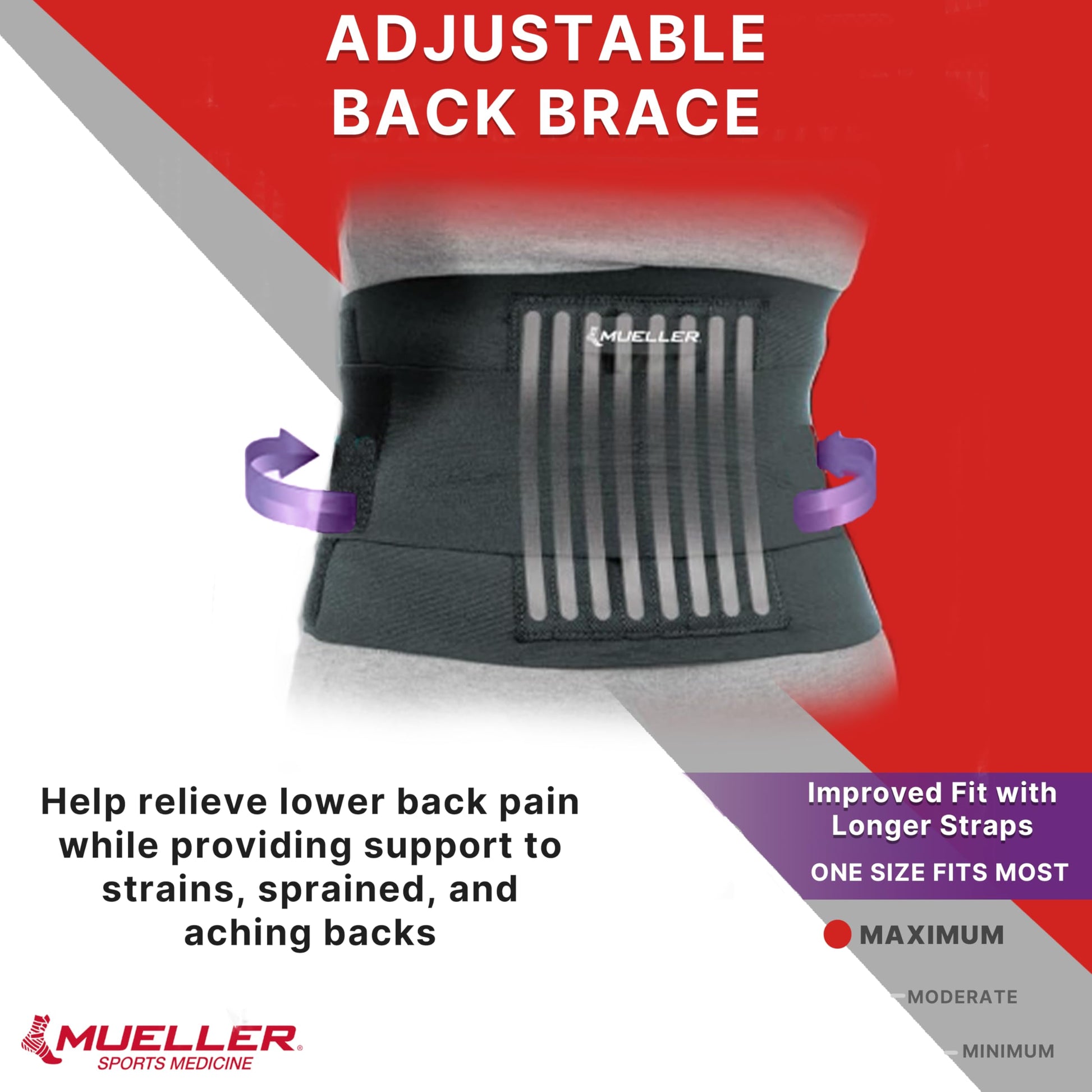 MUELLER Sports Medicine Adjustable Back Brace, Ideal for Upper and Lower Back Pain, Relief & Support for Men and Women, Strains, Sciatica, Scoliosis, Black, One Size