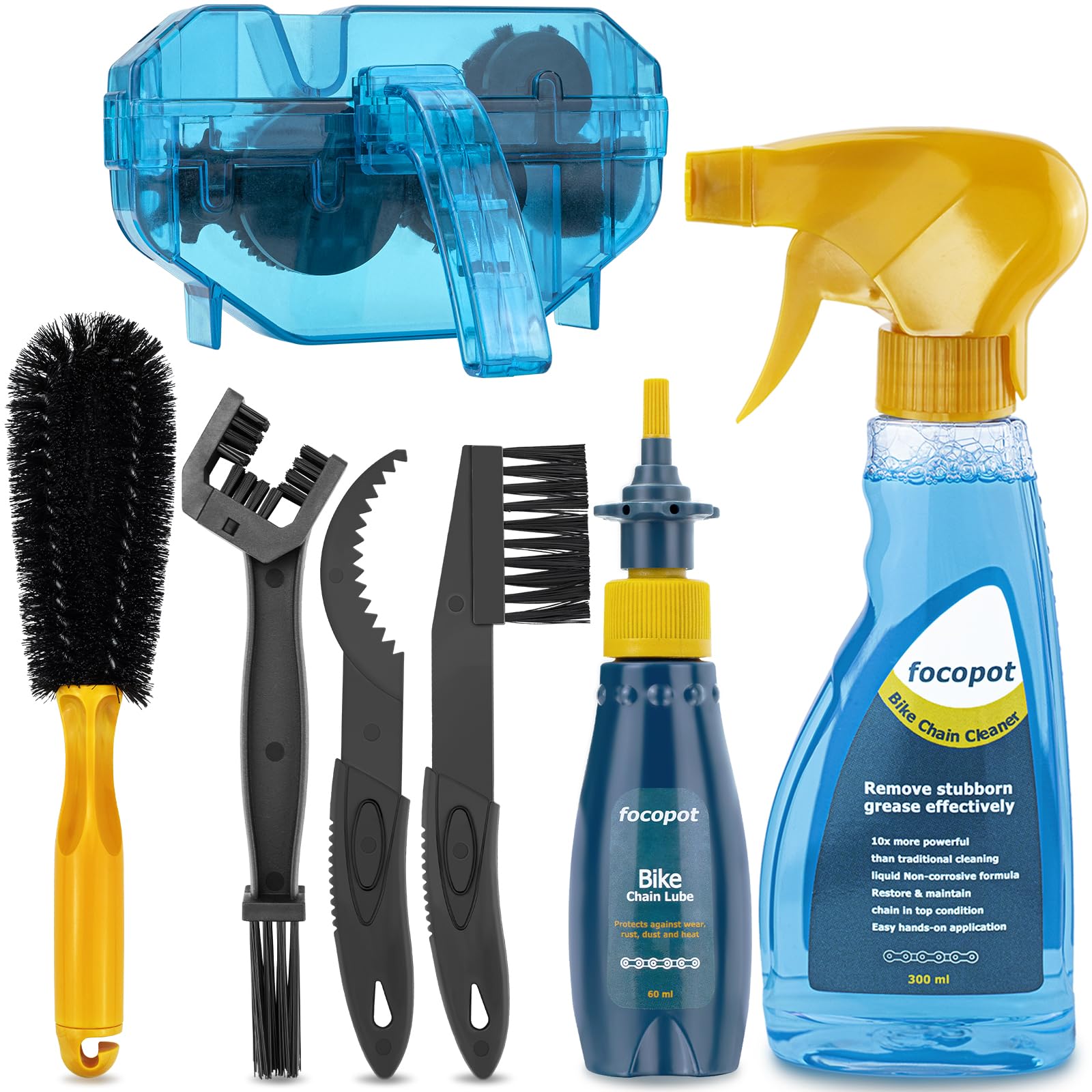 focopot Bike Cleaning Kit Including Bicycle Chain Cleaner Degreaser,Cycling Chain Lube,Cleaner Brush Tool,Scrubber,Suitable for Mountain/MTB,Ebike,Road Bike and Trail Bikes