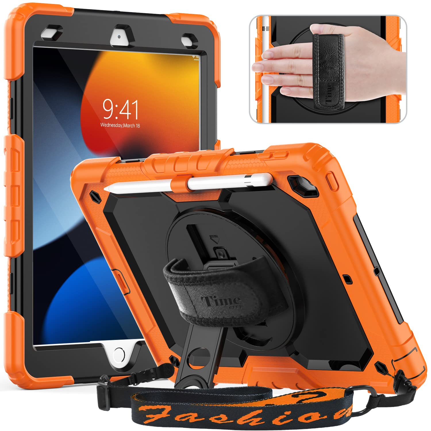 Timecity Case for iPad 9th/ 8th/ 7th Generation 10.2 inch (Case for iPad 9/8/ 7 Gen): with Strong Protection, Screen Protector, Hand/Shoulder Strap, Rotating Stand, Pencil Holder - Orange