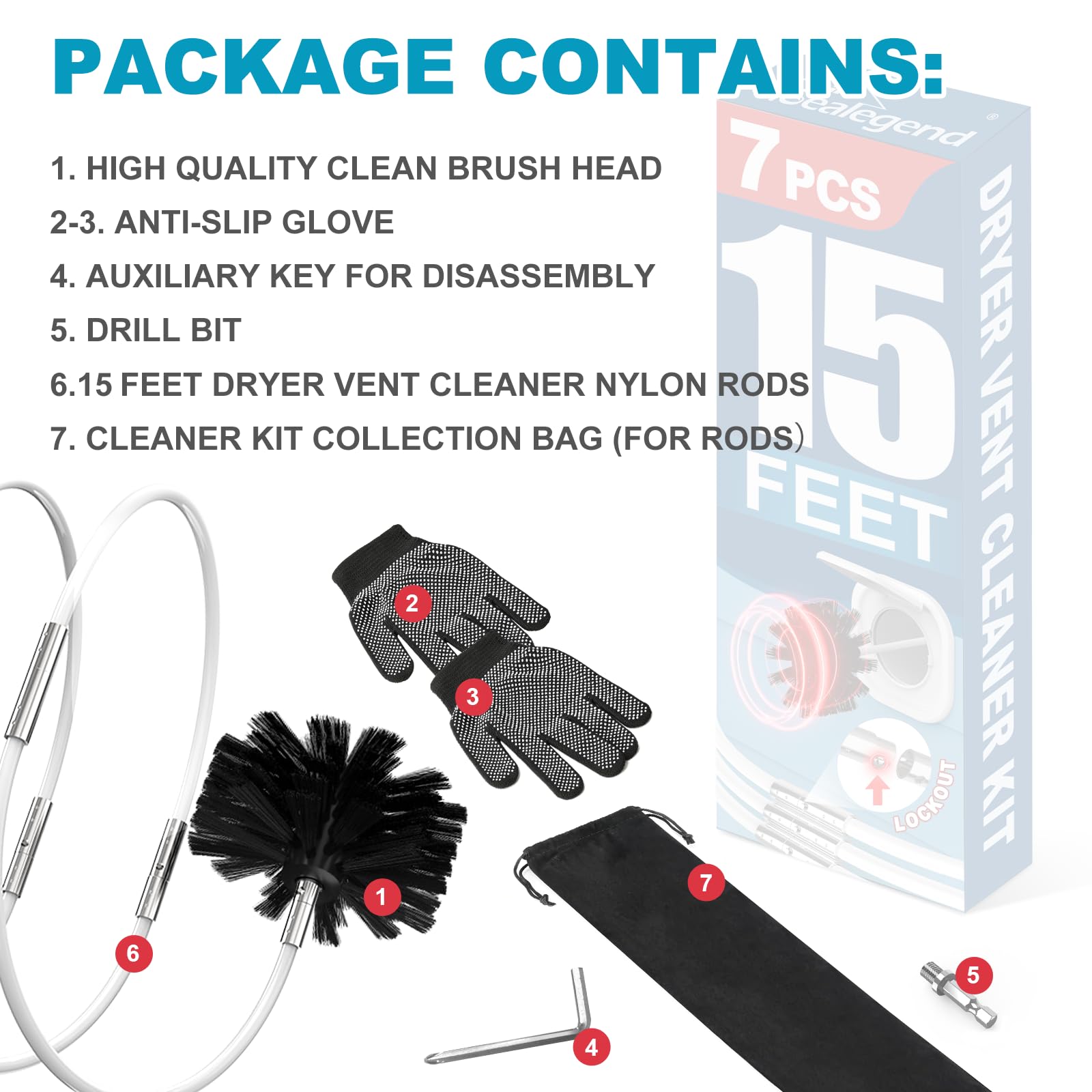 Sealegend 15 Feet Dryer Vent Cleaner Kit, Lint Remover，Upgraded Flexible Quick-Snap Brush with Drill Attachment,Extends Up to 15 FEET for Easy Cleaning，Cleaning Tools Use with/Without a Power Drill