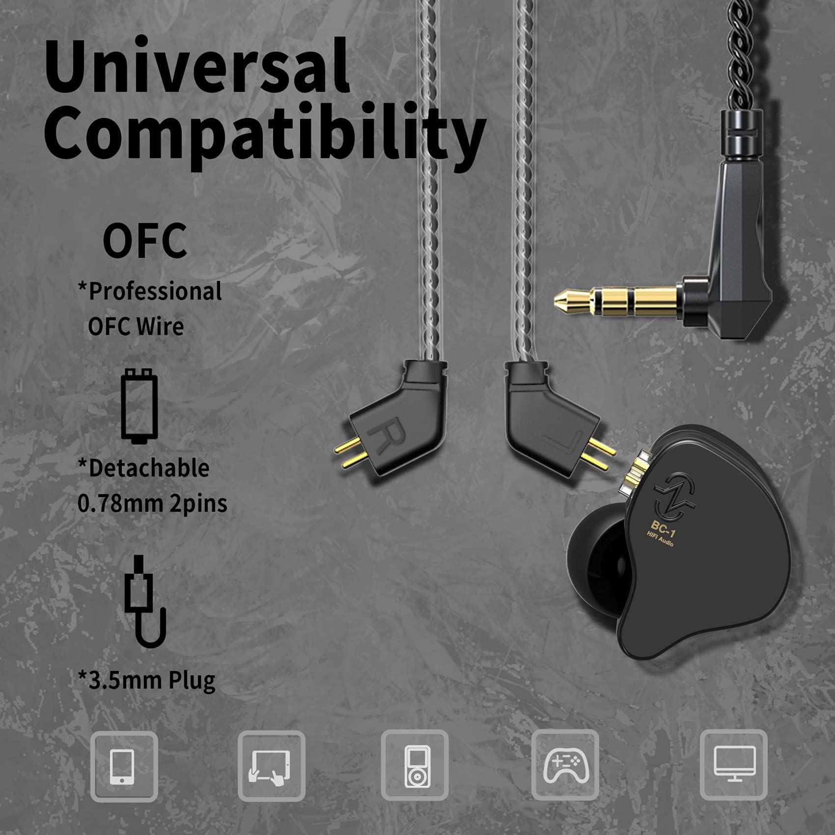 CCZ Yinyoo Melody in Ear Monitors Earphones Headphones Wired Earbuds without Microphone IEM HIFI Bass with 1DD 1BA, Ear fins, 4N OFC Cable for Musicians, Singer, on Stage, Studio (no mic, clear black)
