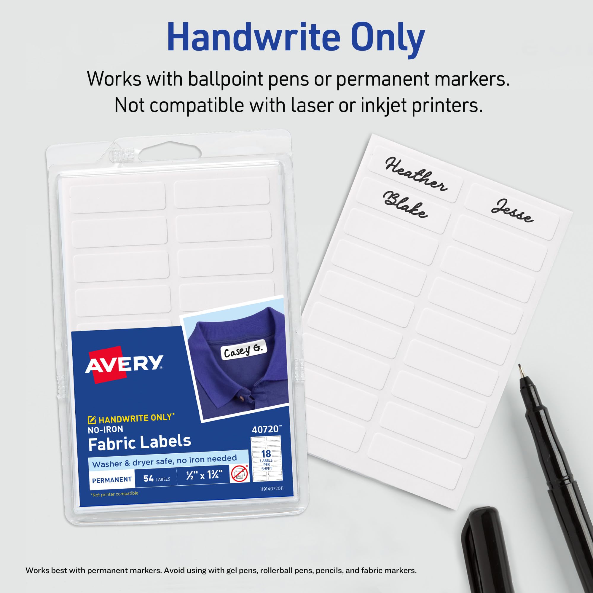 Avery No-Iron Fabric Labels, 1/2" x 1-3/4", Washer and Dryer-Safe Waterproof Labels, Non-Printable, 54 Total (40720)