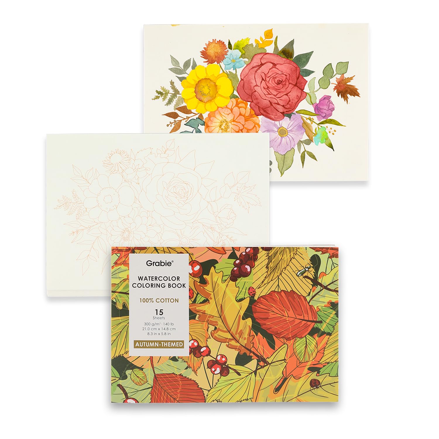 Grabie Watercolor Coloring Book, Watercolor Book, 15 Sheets of Enchanting Creations, A5 (8.3 x 5.8), Glue Bound, Watercolor Books for Adults: Ignite Your Artistic Expression on 100% Cotton Paper