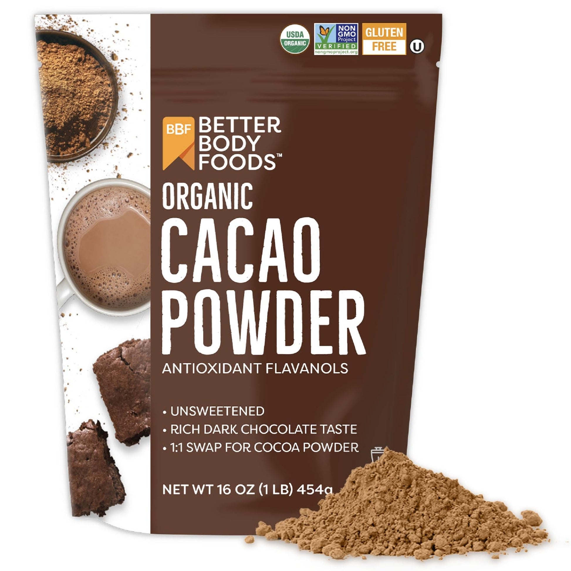 BetterBody Foods Organic Cacao Powder, Rich Chocolate Flavor, Non-GMO, Gluten-Free, Cocoa, 16 ounce, 1 lb bag