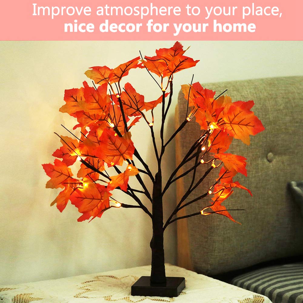 Artificial Fall Lighted Maple Tree 24 LED Thanksgiving Decorations Table Lights Battery Operated for Wedding Party Gifts Indoor Outdoor Autumn Harvest Home Decor