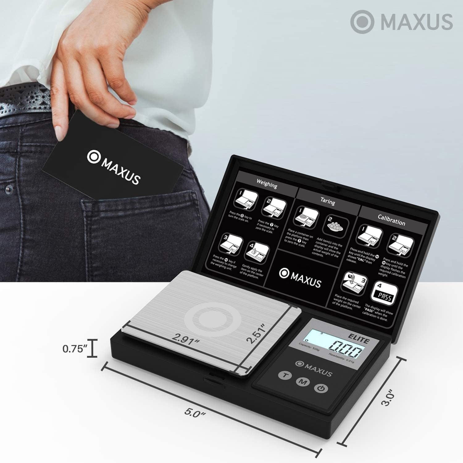 MAXUS Digital Pocket Gram Scale 500g x 0.01g High Precision with Tray, Weighs Small Food, Jewelry, Ounces, Grains, LCD Display, Tare Function