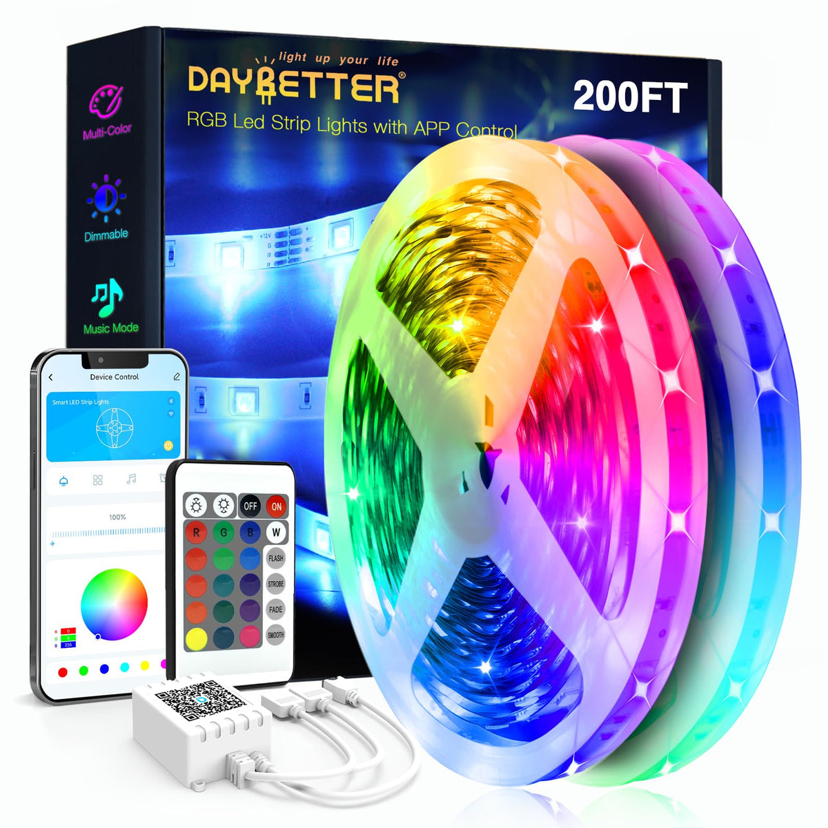 DAYBETTER مصابيح شريطية ليد بطول 200 قدم (لفّتان بطول 100 قدم لكل لفة) شرائط إضاءة ذكية طويلة جدًا مع تطبيق للتحكم الصوتي وعن بُعد، أضواء متغيرة الألوان RGB بمزامنة موسيقية لغرفة النوم، المطبخ، الحفلات، وديكور المنزل