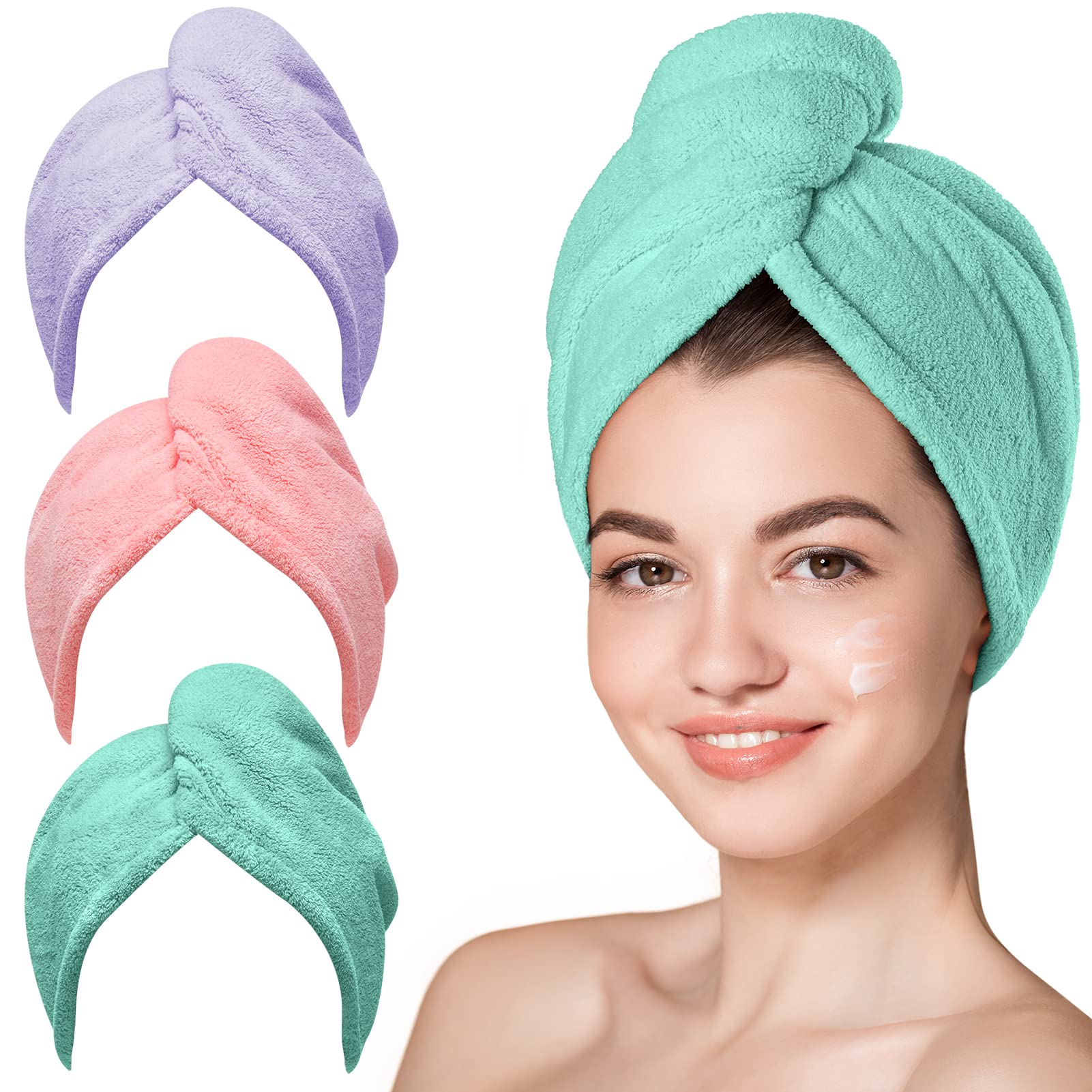 Hicober Microfiber Hair Towel, 3 Packs Hair Turbans for Wet Hair, Drying Hair Wrap Towels for Curly Hair Women Anti Frizz (Blue,Grey,Pink)