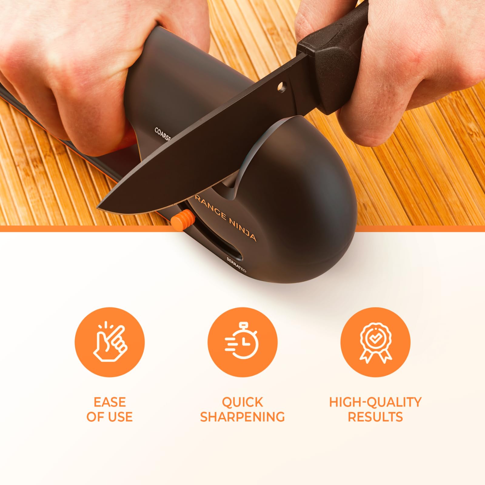 Orange Ninja 4-Stage Knife Sharpener & Serrated Knife Sharpener– Repairs, Sharpens & Polishes Blades with Ergonomic Non-Slip Grip by Sharp Pebble