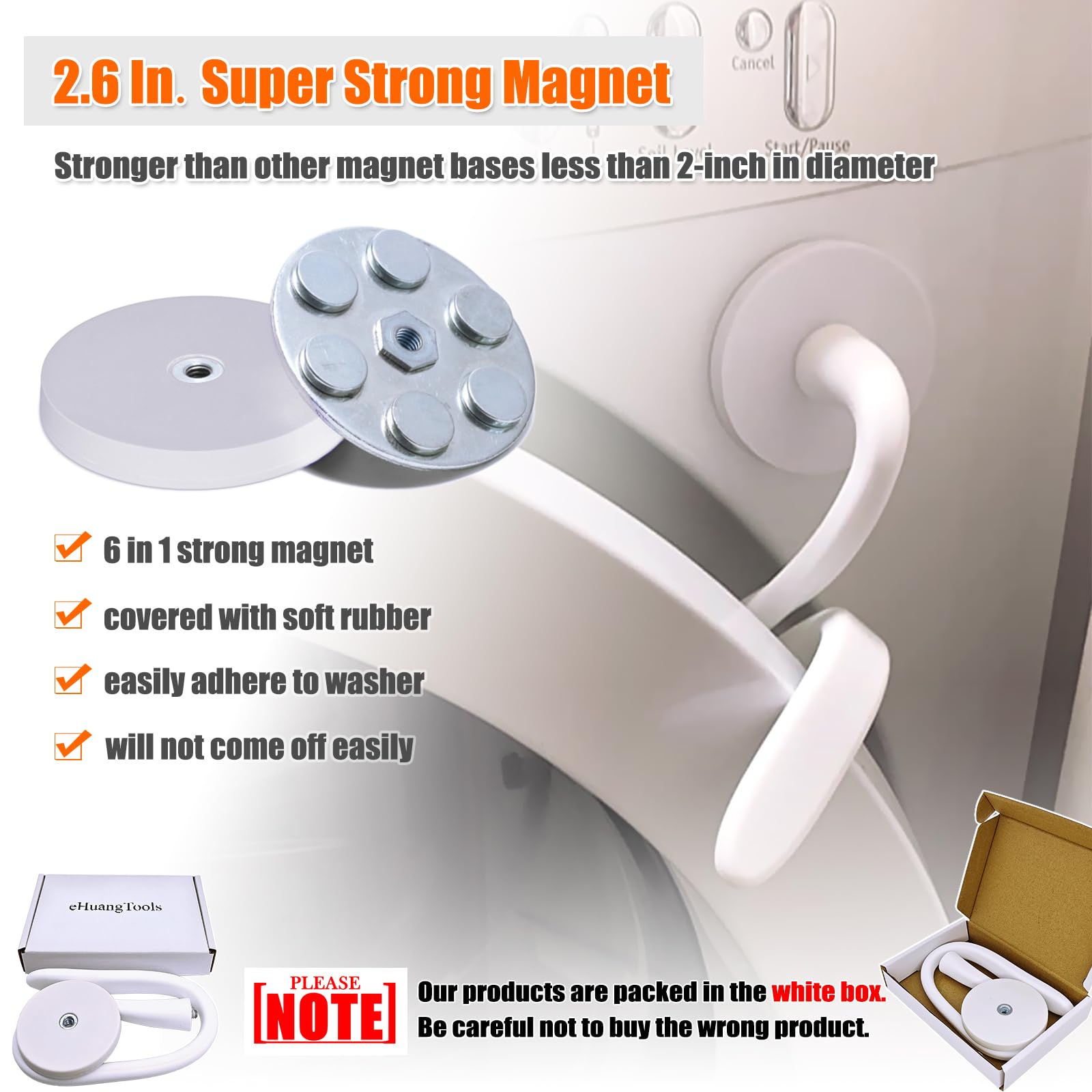 Front Load Washer Door Prop and Stopper - Magnetic Washing Machine Door Holder with 2.6-Inch Magnet Base, Removable Washer Door Stopper Keep Washer Door Open to Prevent Odors (White)