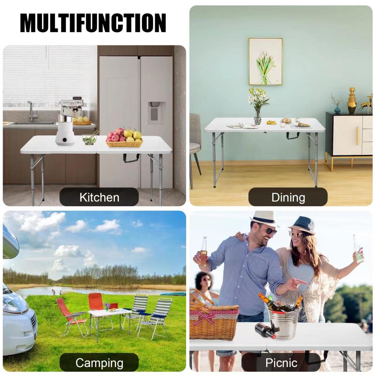 Byliable Folding Table 4 Foot Portable Heavy Duty Plastic Fold-in-Half Utility Table Small Indoor Outdoor Adjustable Height Folding with Carrying Handle, Camping and Party,White