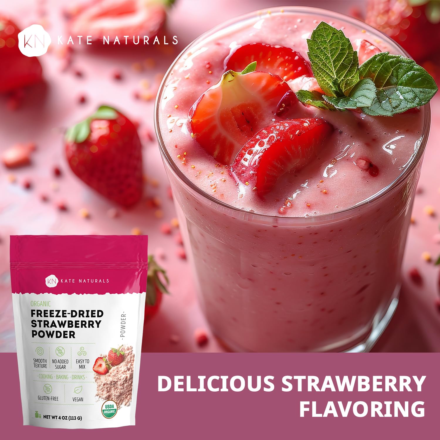 Kate Naturals Organic Freeze Dried Strawberry Powder for Baking & Drinks. Natural Strawberry Flavoring for Cakes, Icing & Smoothies (4oz, No Added Sugar)