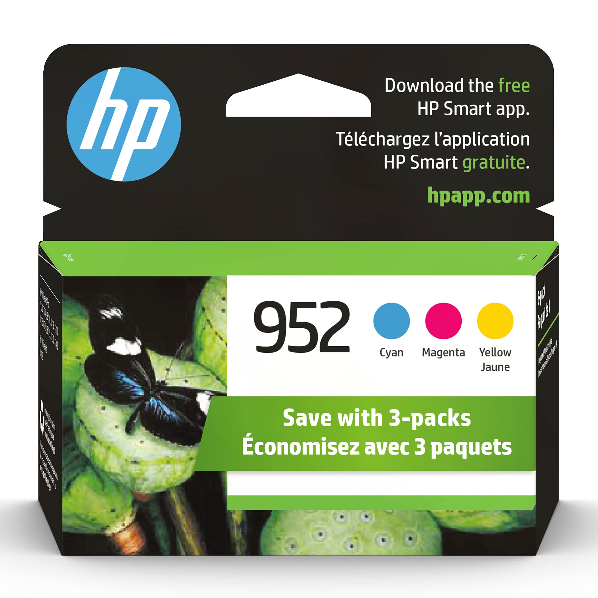 خراطيش حبر HP 952 سماوي، أرجواني، أصفر (3 عبوات) | تعمل مع سلسلة الطابعات: OfficeJet 8702، وHP OfficeJet Pro 7720، و7740، و8210، و8710، و8720، و8730، و8740 | مؤهلة لـ Instant Ink | N9K27AN