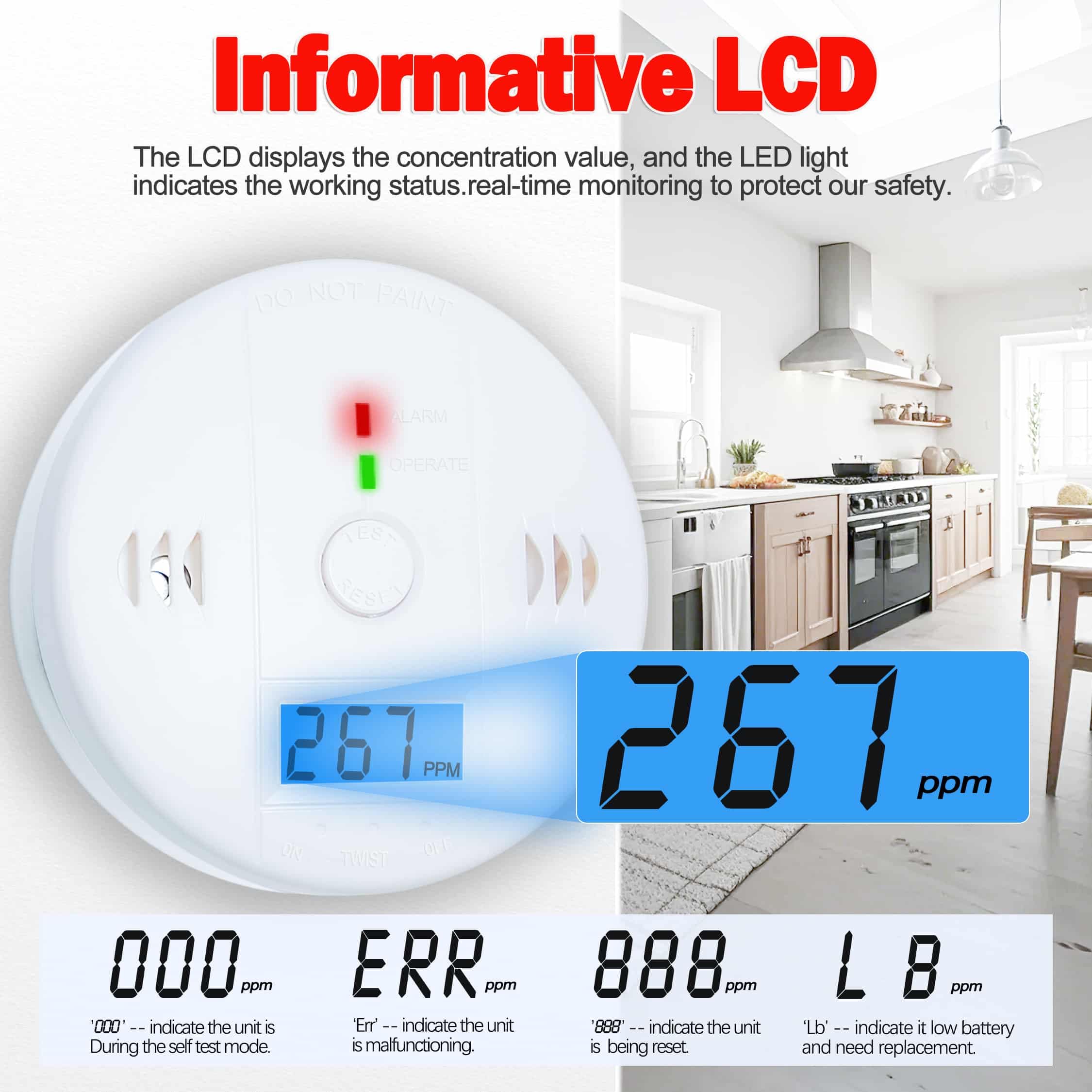 3 Pack Carbon Monoxide detectors,co Detector,Carbon Monoxide Alarm,co2 Detector Battery Powered with LCD Display,Carbon Monoxide Detector,UL2034 Standards,for Home
