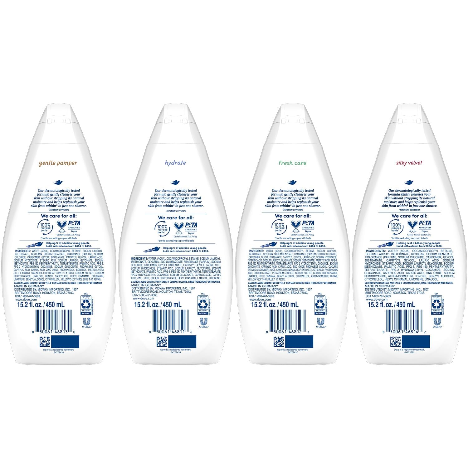 Dove Body Wash Variety 6-Pack – Hydrate, Gentle Pamper, Fresh Care, and Silky Velvet, 15.2 Oz Ea