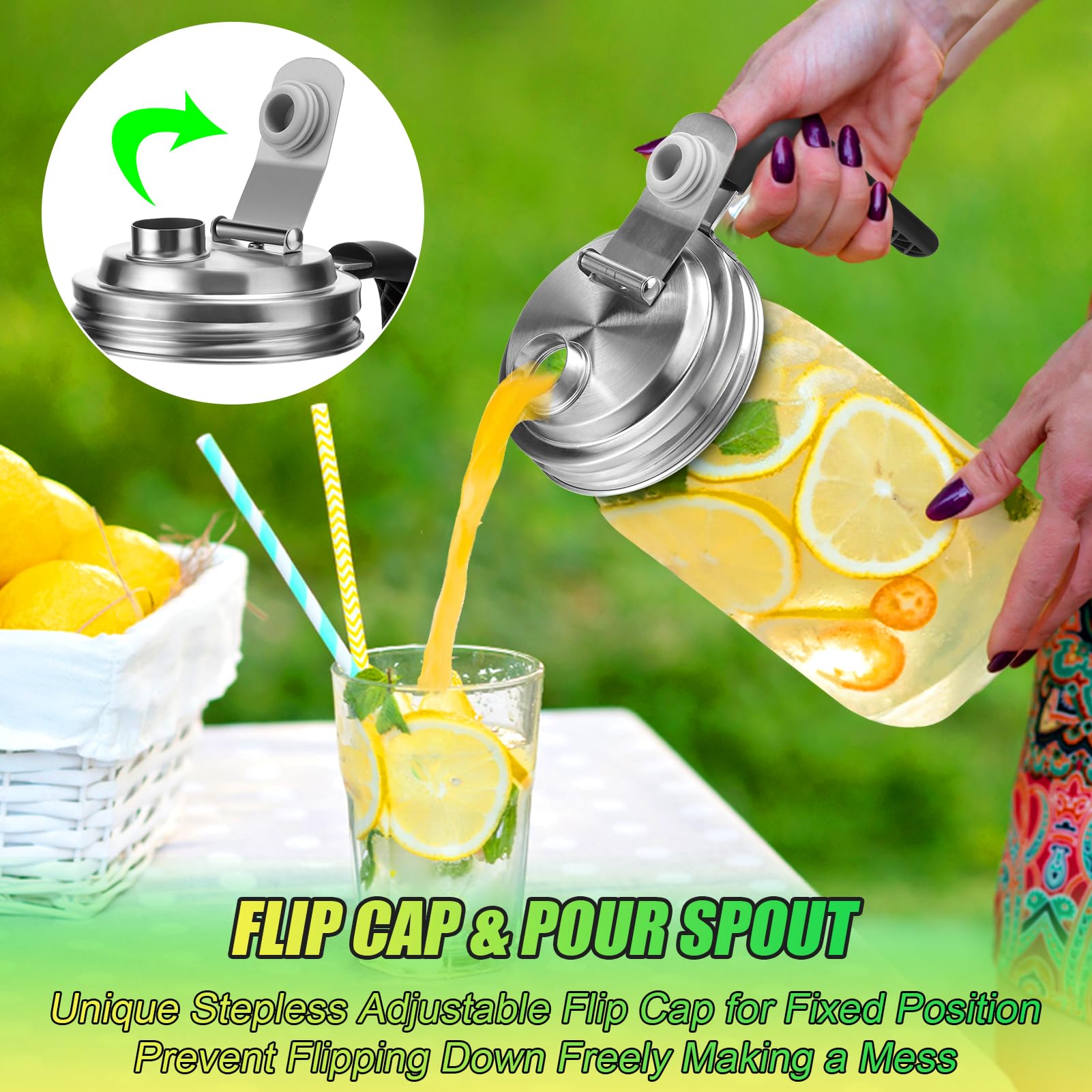 Mason Jar Pour Spout Lid Stainless Steel with Handle, Wide Mouth Pour Spout Flip Cap Lids for Mason Jars, Anticracking Leak Proof Seal Cover Airtight for Drinking Salad Dressing & Food Storing(2PCS)