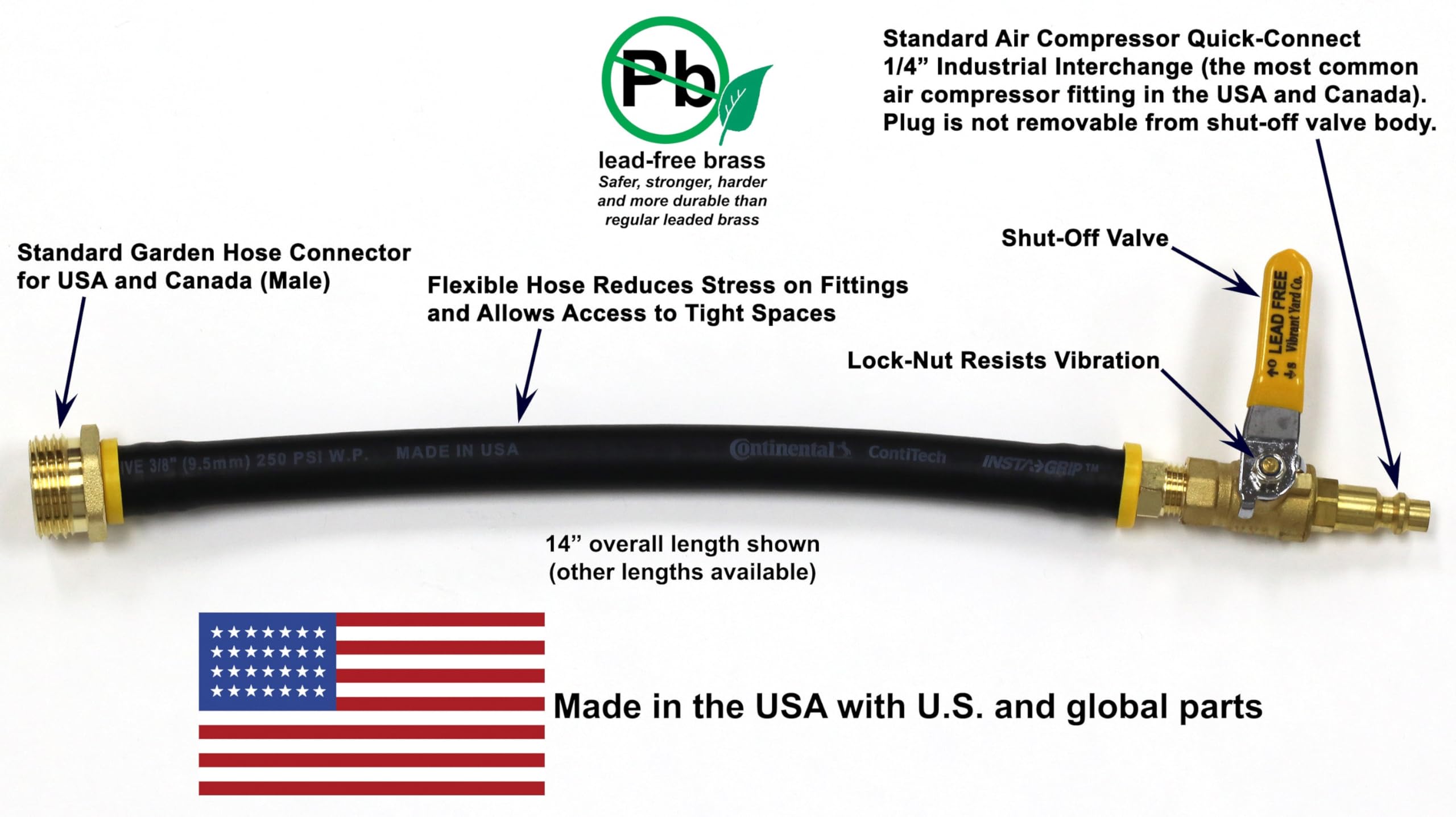 Winterize RV, Motorhome, Boat, Camper, and Travel Trailer: Air Compressor Quick-Connect Plug to Male Garden Hose Faucet Blow Out Adapter with Valve (Lead-Free Brass), 10.5" Long