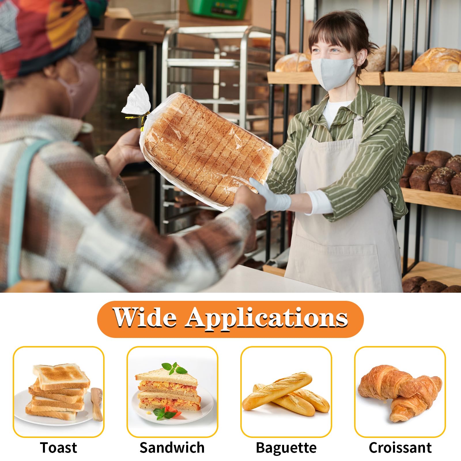 Clear Bread Bags with Ties, 30 Reusable Plastic Bags for Homemade Bread and Bakery Use, 50 Adjustable Ties