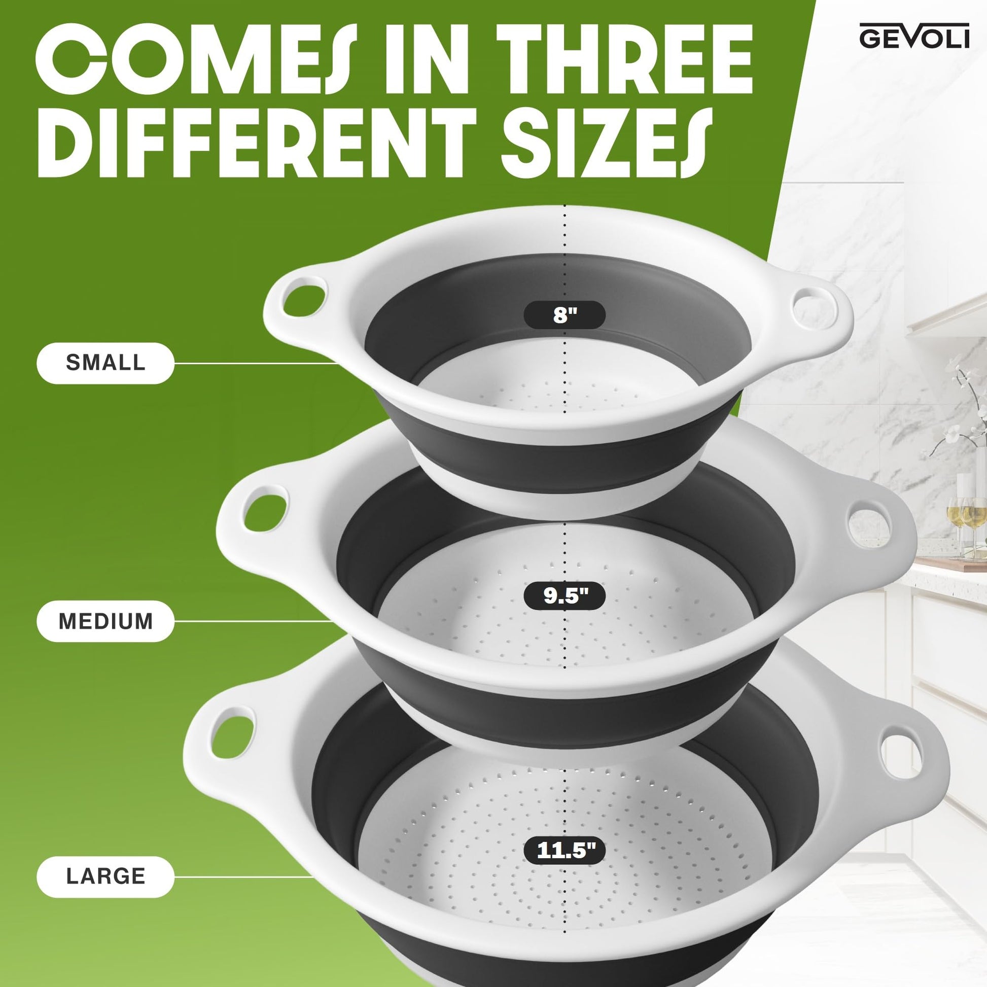 Gevoli Collapsible Colanders (3 Pack Set) Food Strainers with Over-Sink Water Draining Base for Pasta Fruits and Vegetables, White (3 Sizes, 3QT, 4QT and 5 Quart)