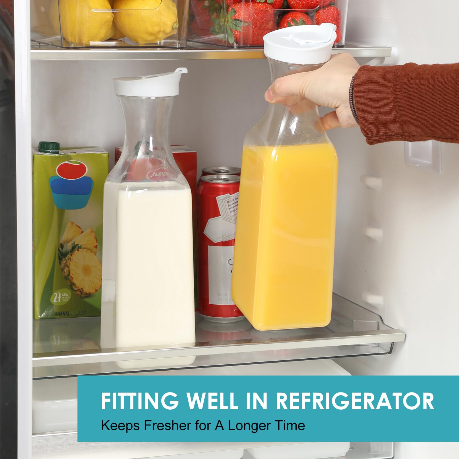 NETANY Plastic 50 Oz Water Carafe with Flip Top Lid, Set of 2 Square Base Juice Containers, Clear Plastic Pitcher - for Water, Iced Tea, Juice, Beverage, Cold Brew and Mimosa Bar - HAND WASH ONLY