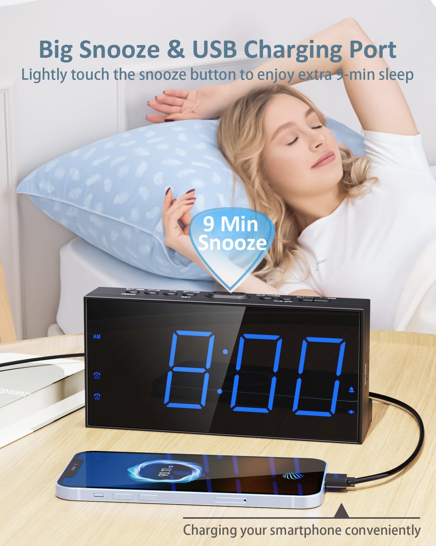 Roxicosly Loud Alarm Clock with Bed Shaker, Vibrating Alarm Clock for Heavy Sleepers/Hard of Hearing/Deaf/Teens, Dual Alarms with 7.5’’ Large LED Display, USB Charger, Dimmer, Snooze & Battery Backup