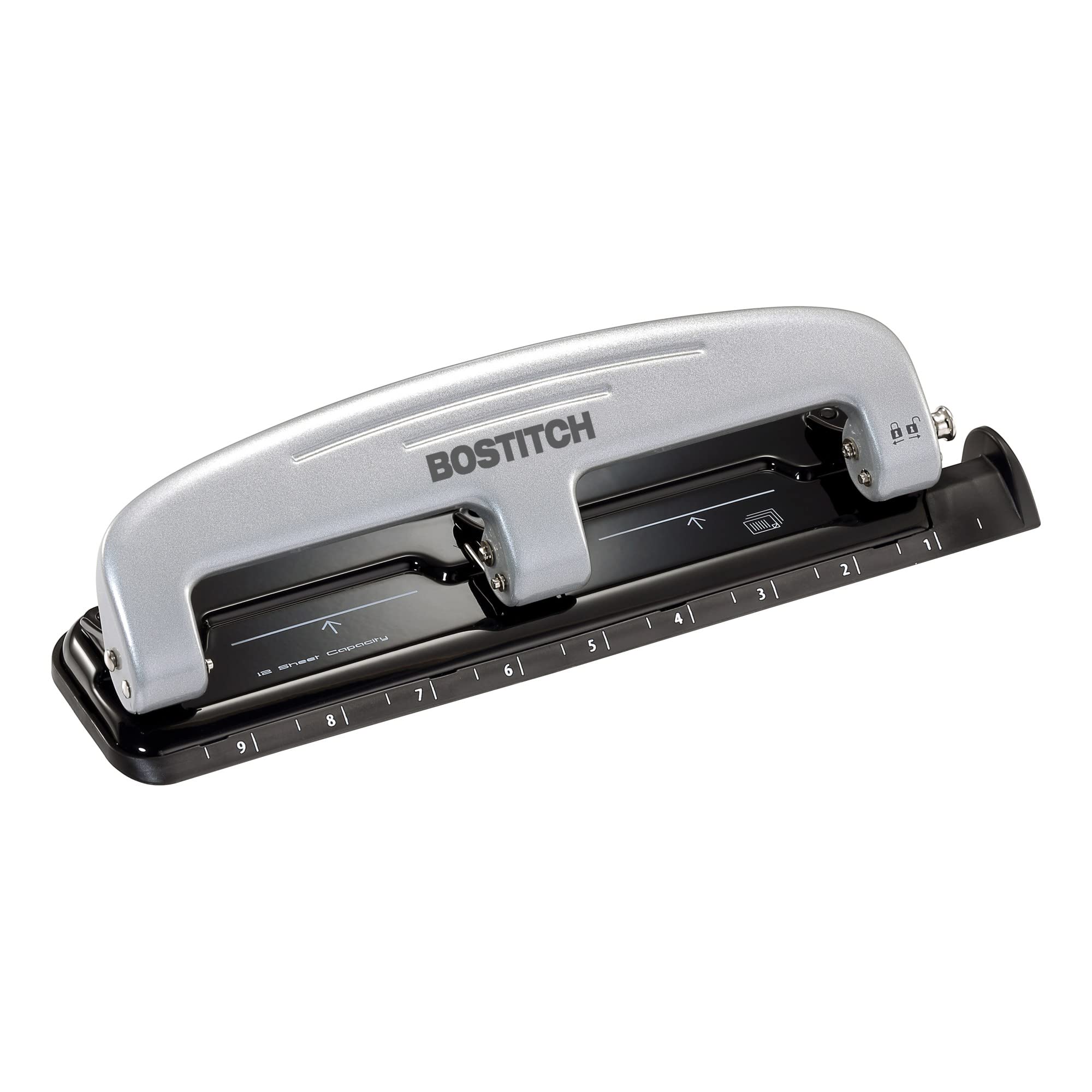 Bostitch Office inPRESS 12 Reduced Effort Three-Hole Punch, Silver/Black (2101)