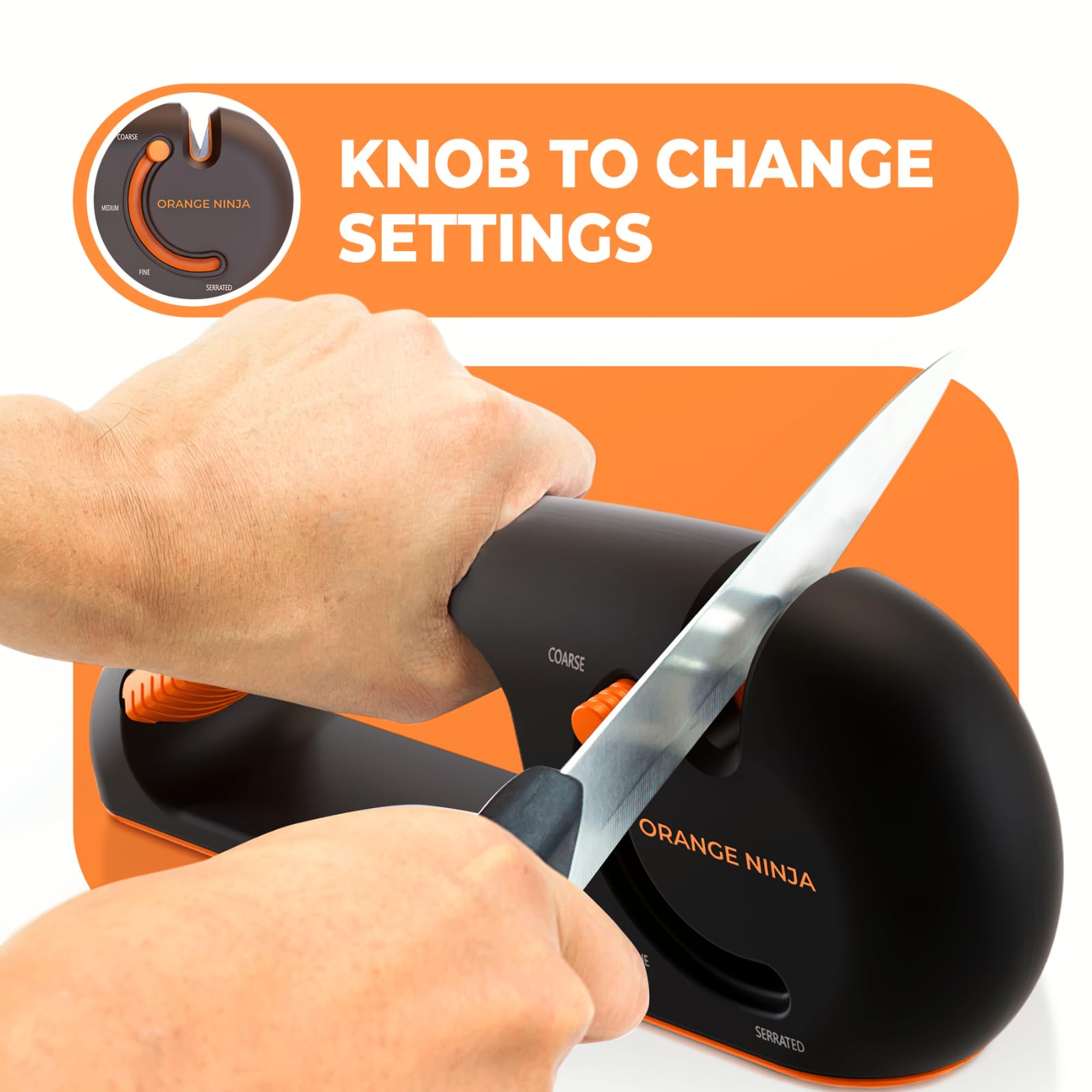 Orange Ninja 4-Stage Knife Sharpener & Serrated Knife Sharpener– Repairs, Sharpens & Polishes Blades with Ergonomic Non-Slip Grip by Sharp Pebble