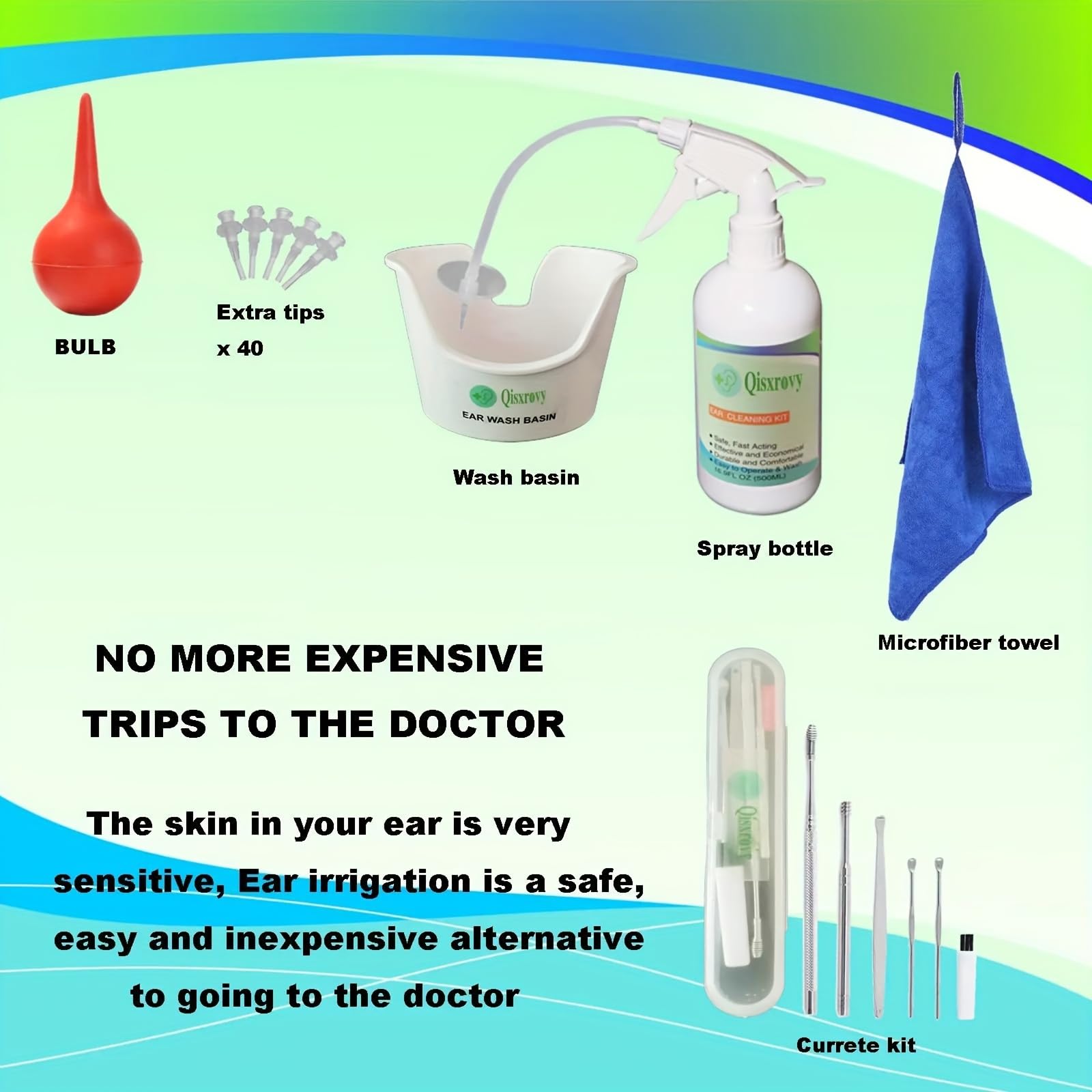 Ear Wax Removal Tool, Ear Cleaning Kits Safe Ear Irrigation Kit Ear Flush Kit for Adults Kid, Ear Wax Washer Device Easy to Operate, Includes Basin, Syringe, Curette Kit, Towel and 40 Disposable Tips