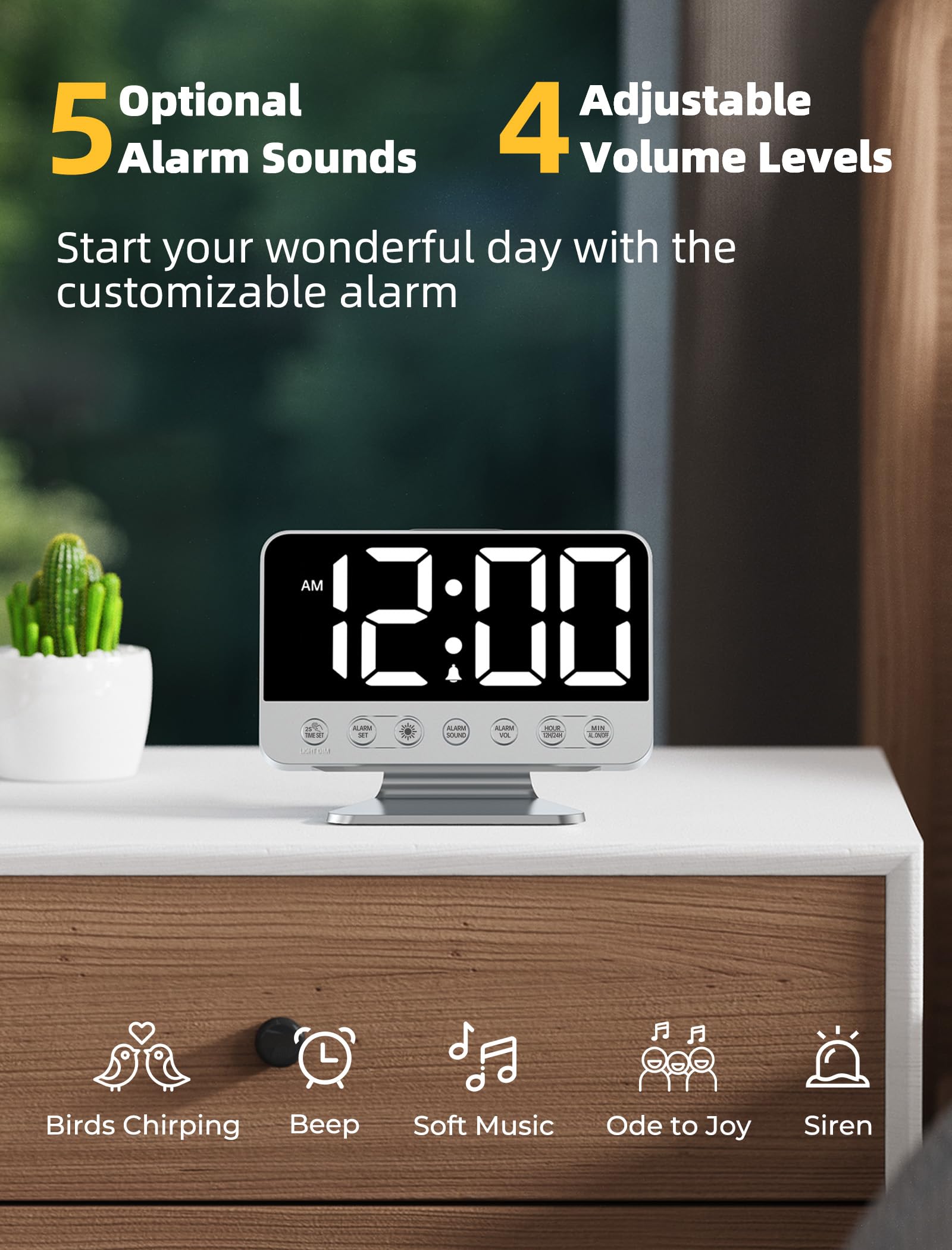 Odokee Digital Alarm Clocks for Bedrooms: Large Bold Number 5 Brightness Dimmer - Easy to Read Across The Room - 5 Alarm Sound 8 Night Light - Silver