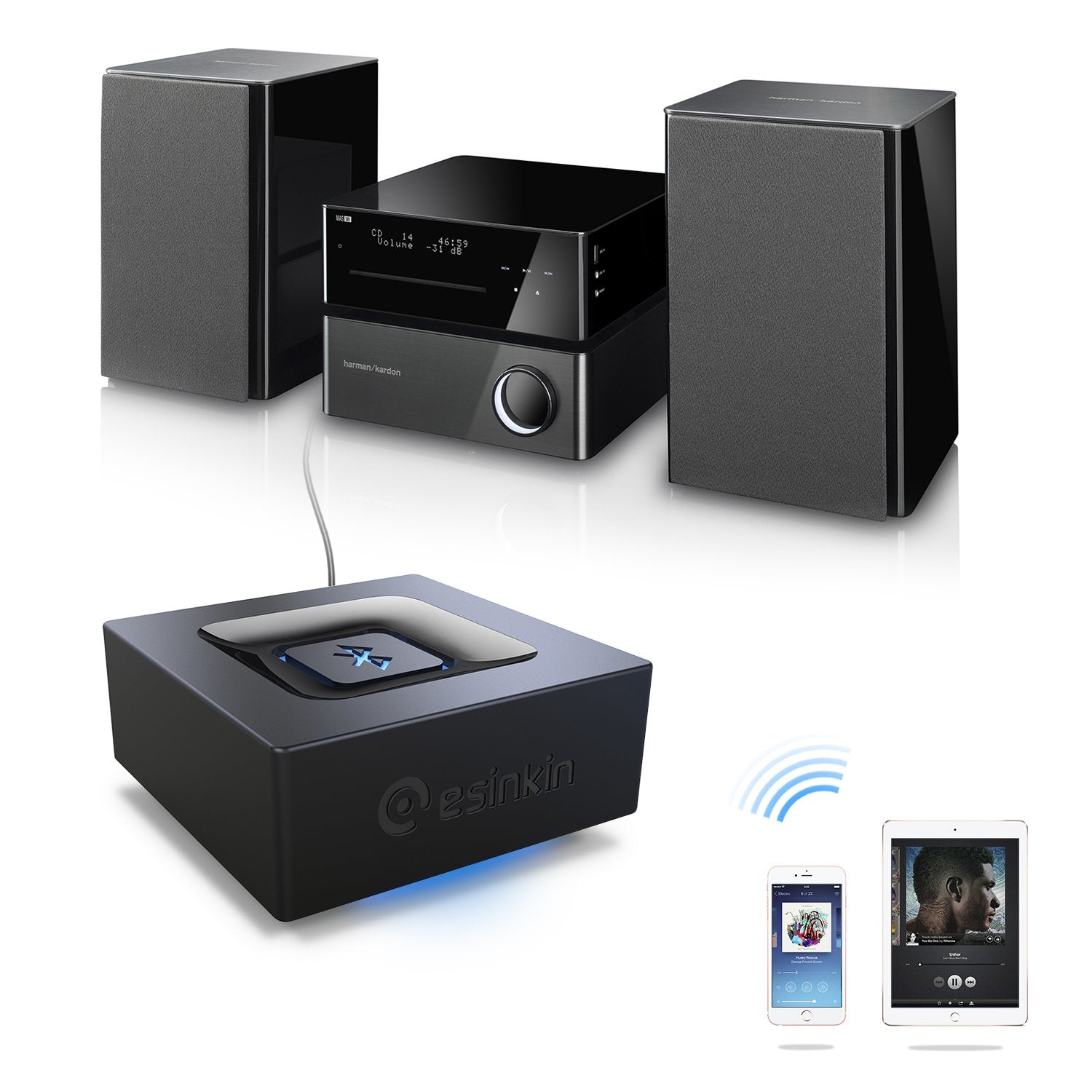 Bluetooth Audio Adapter for Music Streaming Sound System, Esinkin Wireless Audio Adapter Works with Smartphones and Tablets, Bluetooth Receiver for Home Stereo