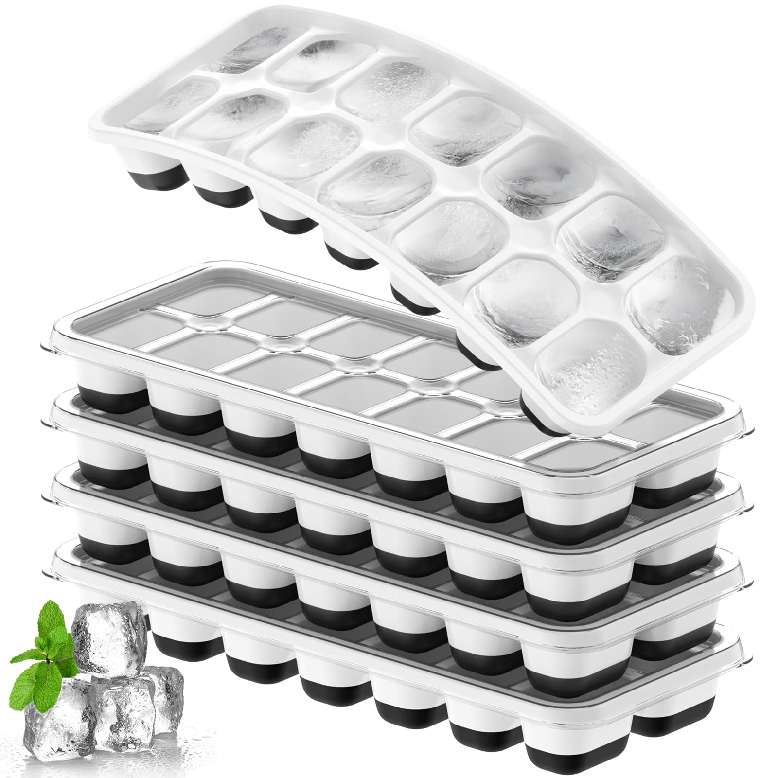 Ice Cube Tray 5 Pack, Stackable Silicone Ice Cube Trays with Lid– Easy Release Reusable Ice Tray, BPA-Free Rectangular Ice Cube Mold Set for Cocktails, Coffee, Whiskey & Drinks- Black