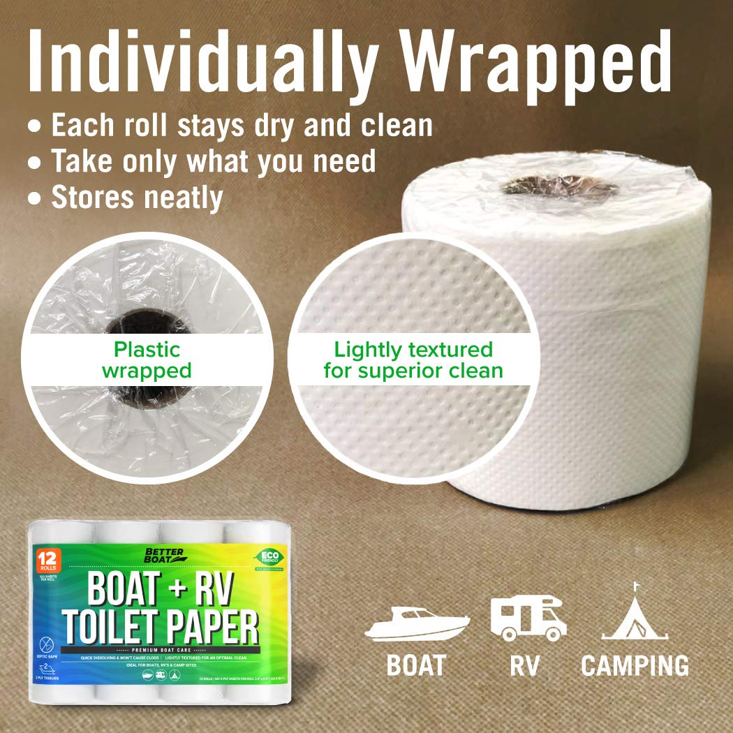 Boat and RV Toilet Paper, Septic Safe Quick Dissolving Tissue, 12 Single Rolls, Biodegradable 2-Ply for Marine, Travel, and Camper Systems, Camping Tank-Safe Bulk Pack