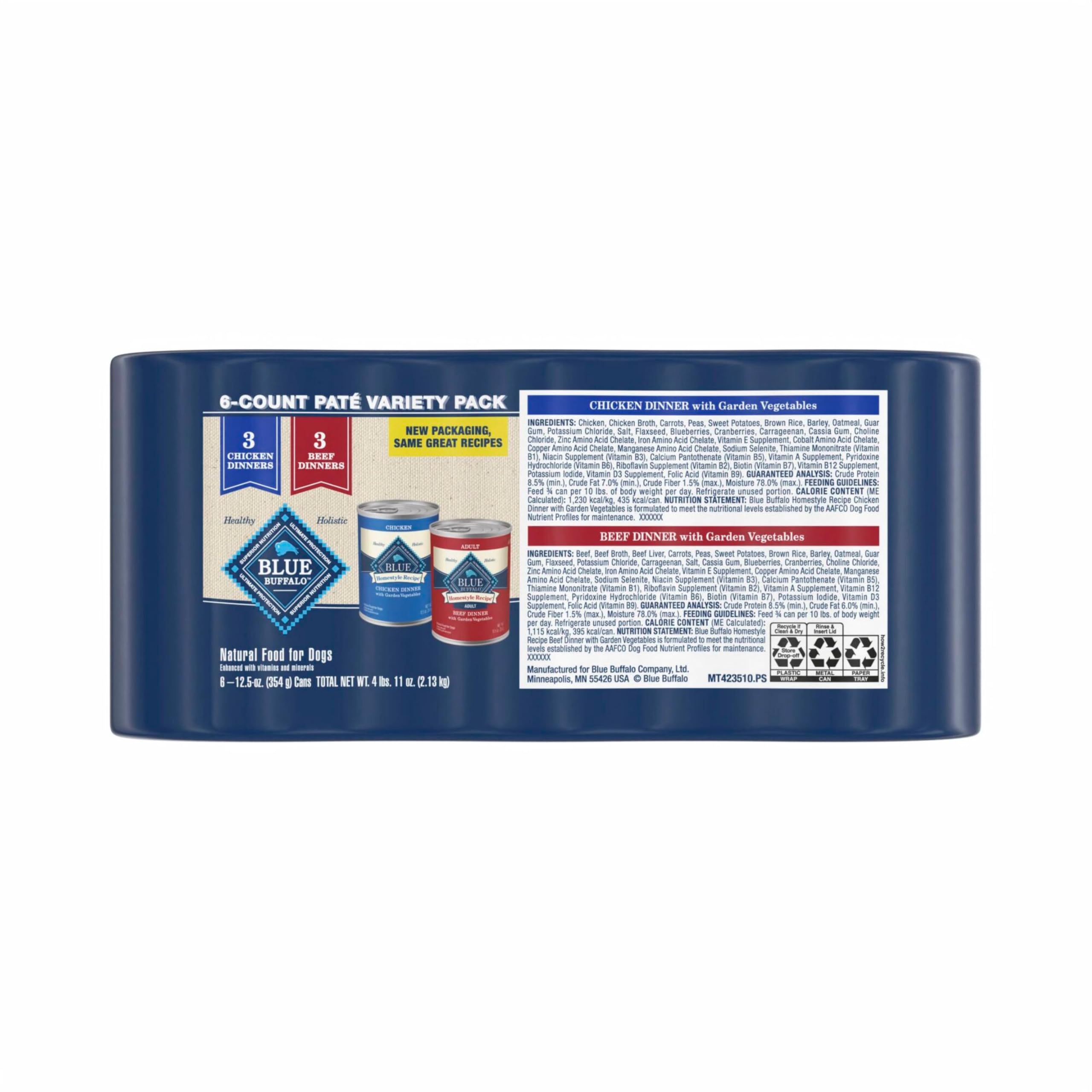 Blue Buffalo Homestyle Recipe Adult Wet Dog Food, Made with Natural Ingredients, Chicken and Beef Dinner Variety Pack, 12.5-oz Cans (6 Count, 3 of each)