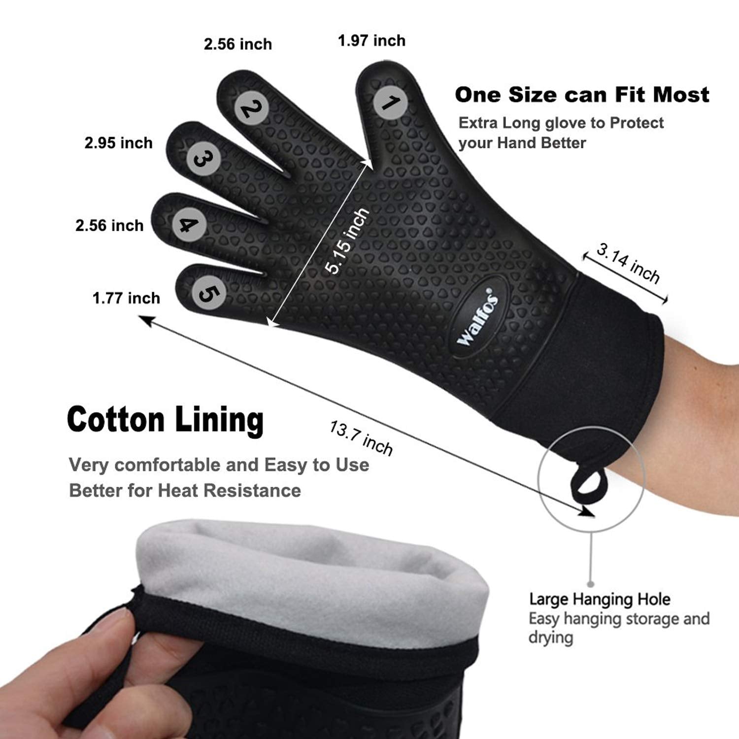 Walfos Silicone BBQ Gloves - Heat Resistant Grilling Gloves, Premium Non-Slip Kitchen Silicone Oven Mitt With Protective Cotton Layer Inside, Waterproof, Great for Grilling, Kitchen and Cooking, Black