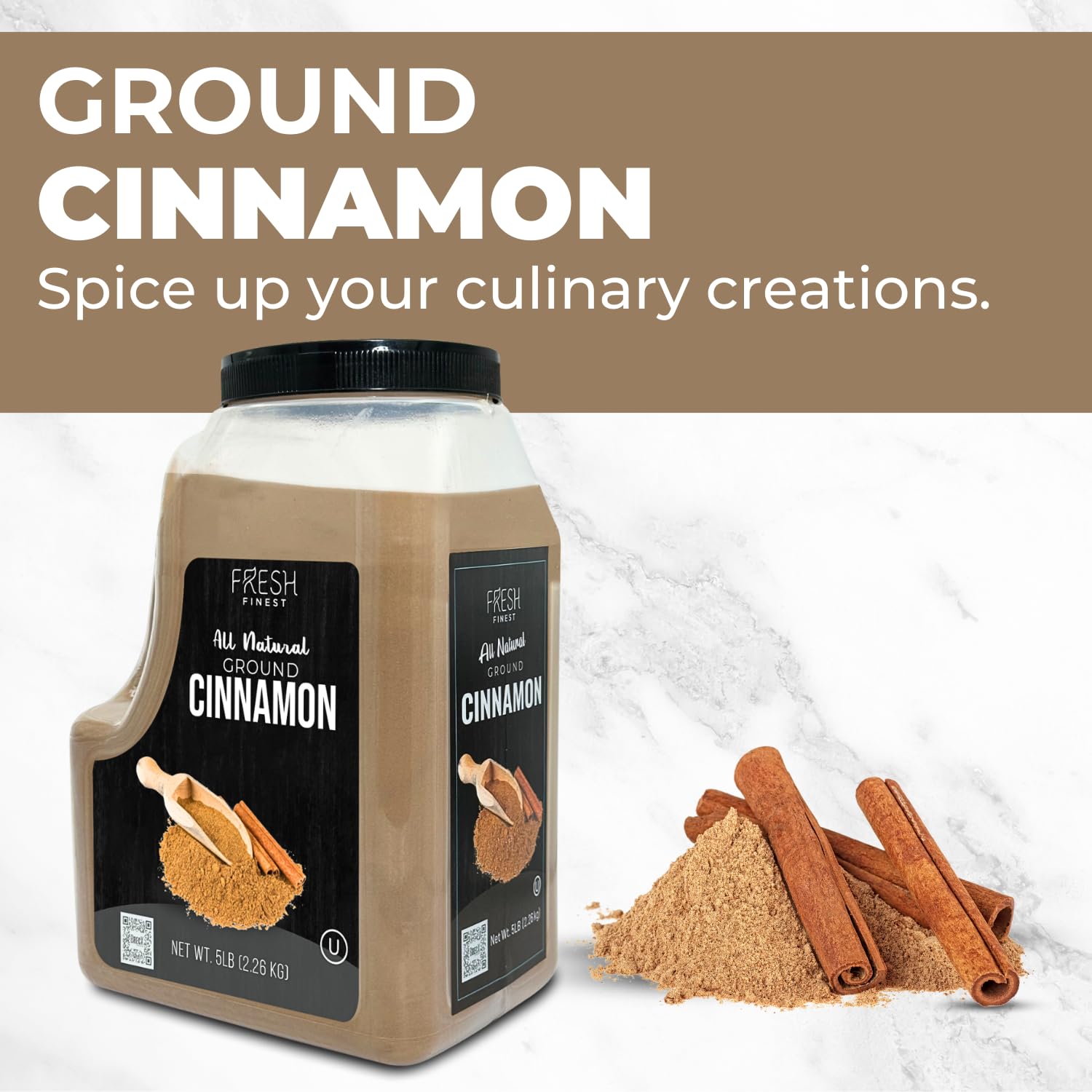 Fresh Finest Bulk 5LB Ground Cinnamon Powder - Kosher Certified Cinnamon Powder, Perfect for Desserts, Hot Tea, Cider, Meat Rubs, and More - 5 LB